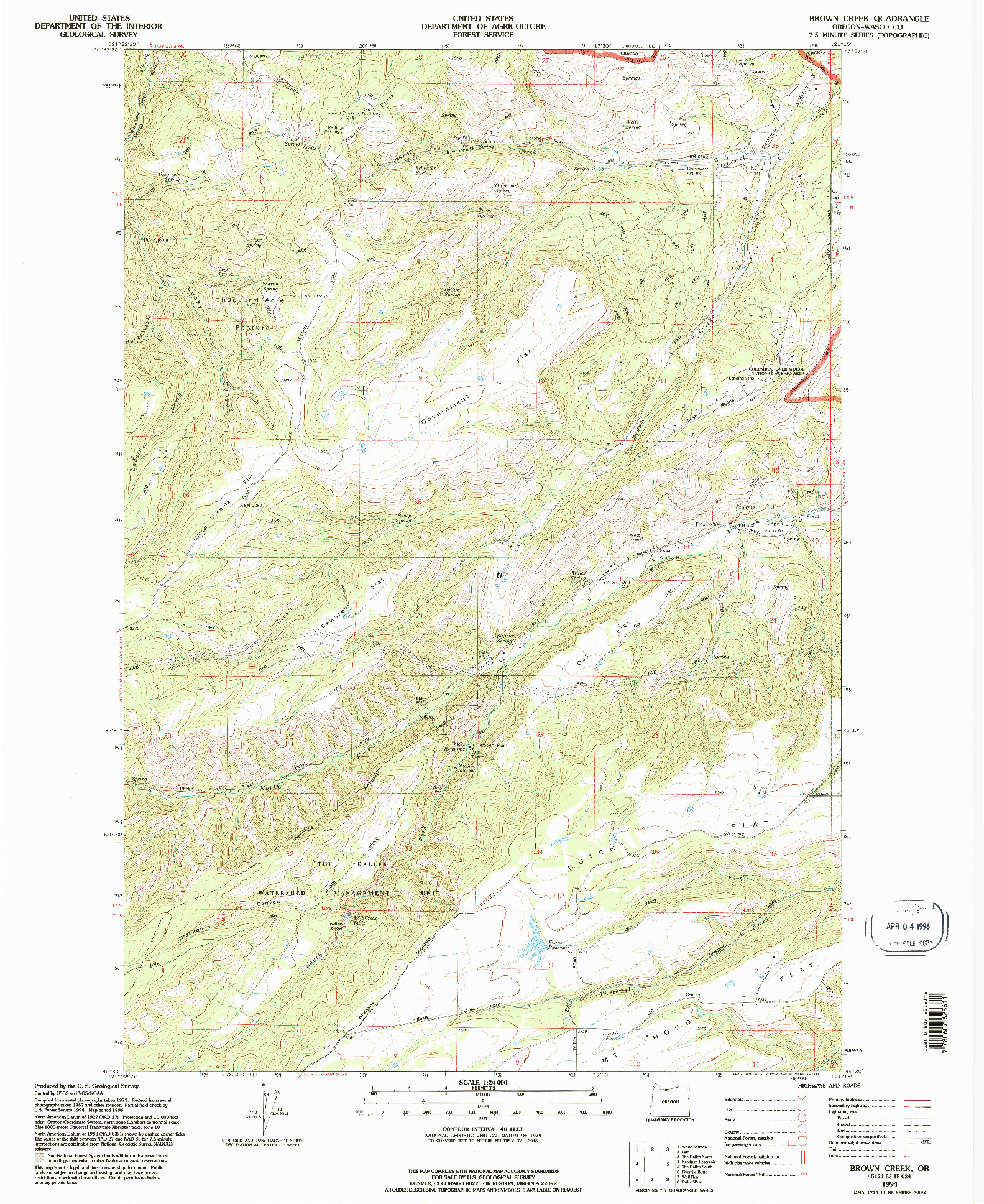 USGS 1:24000-SCALE QUADRANGLE FOR BROWN CREEK, OR 1994