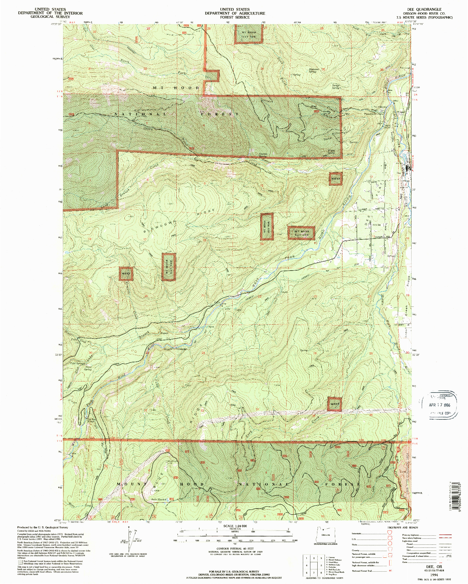 USGS 1:24000-SCALE QUADRANGLE FOR DEE, OR 1994