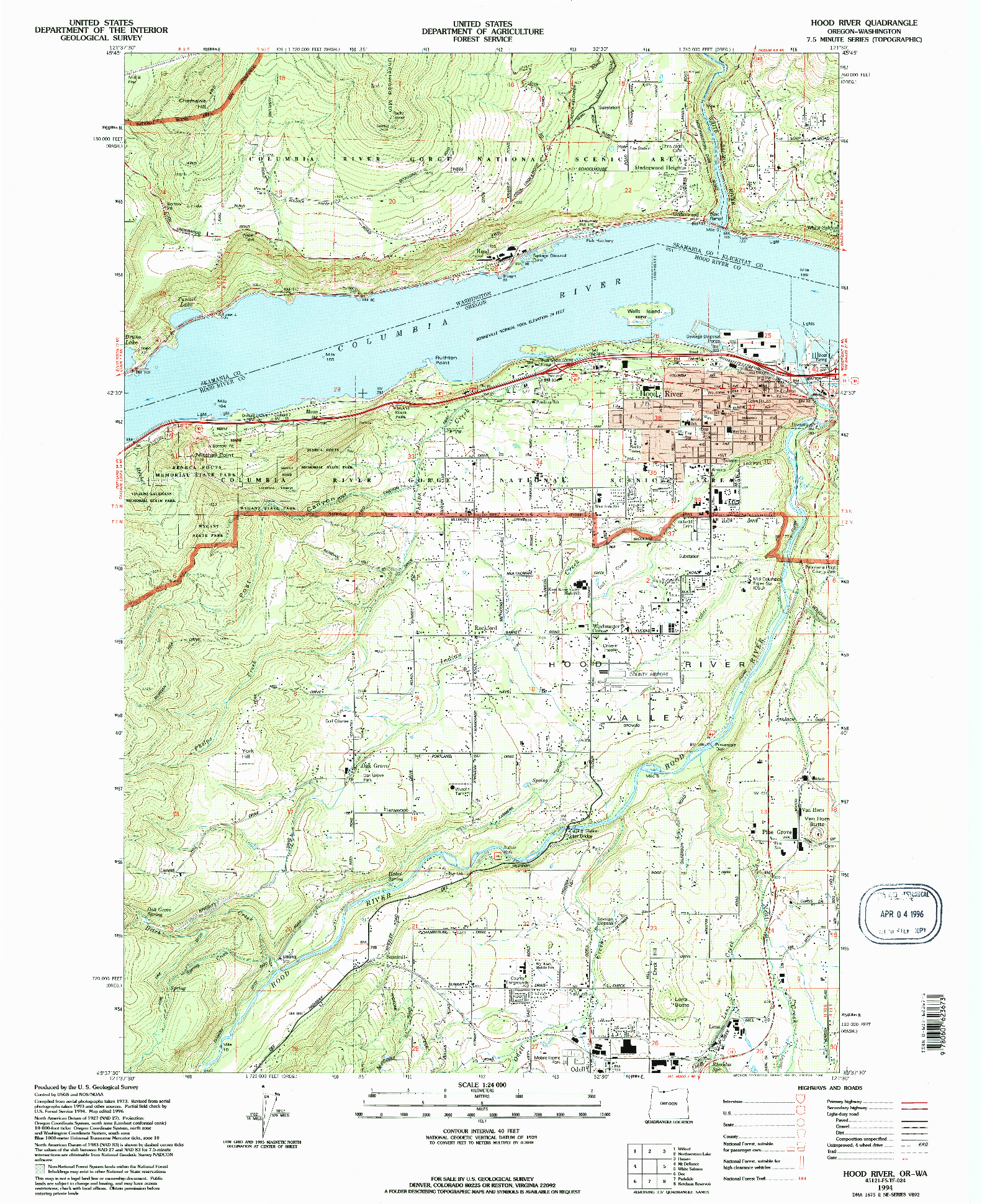 USGS 1:24000-SCALE QUADRANGLE FOR HOOD RIVER, OR 1994