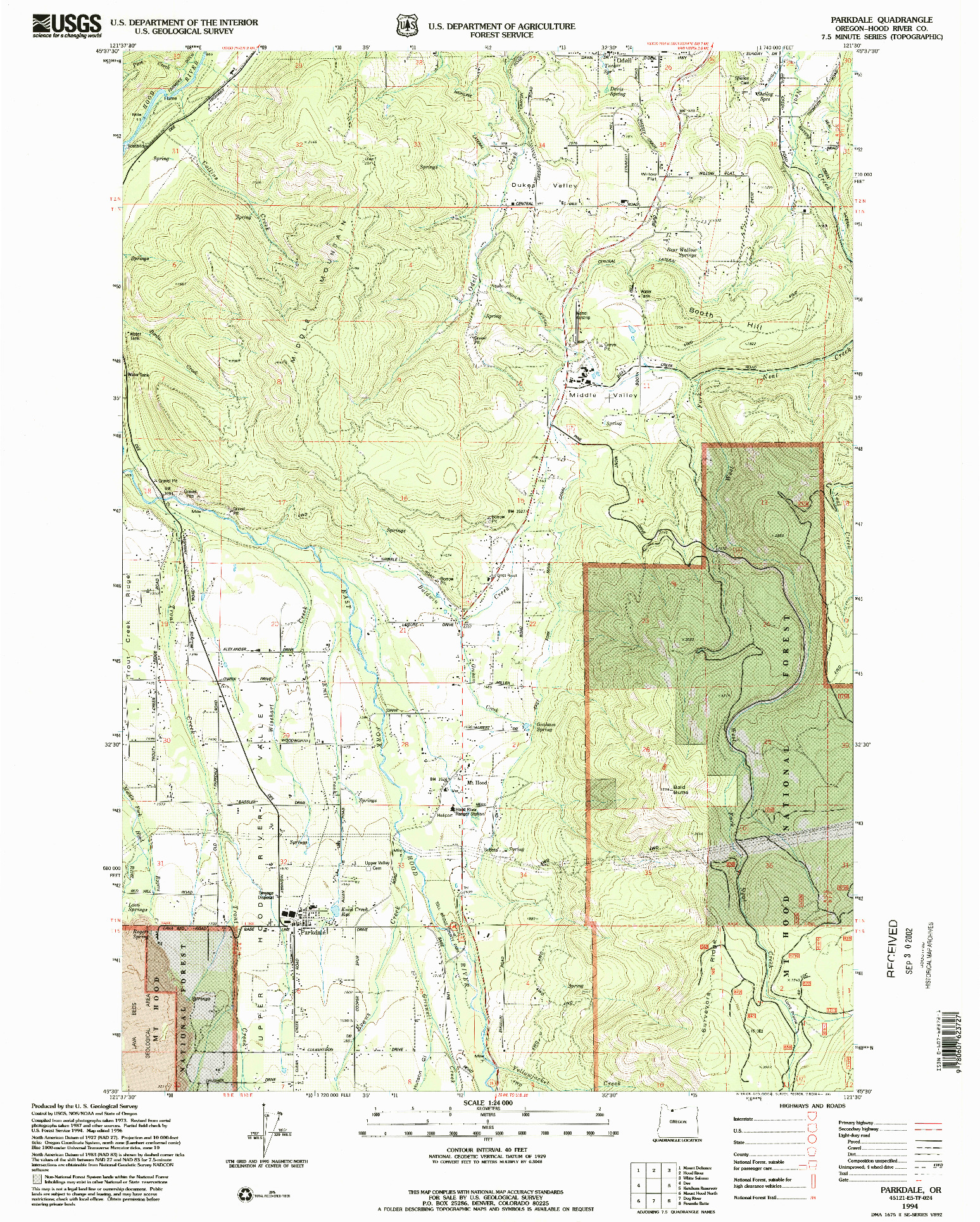 USGS 1:24000-SCALE QUADRANGLE FOR PARKDALE, OR 1994