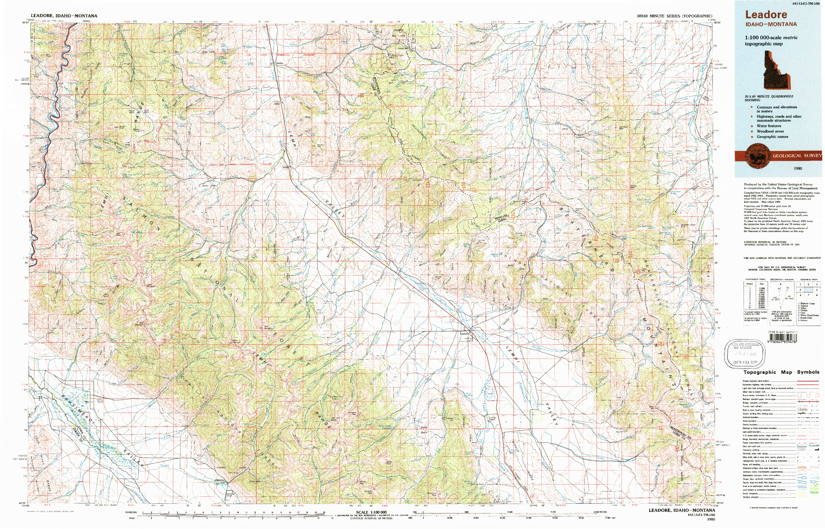 USGS 1:100000-SCALE QUADRANGLE FOR LEADORE, ID 1980