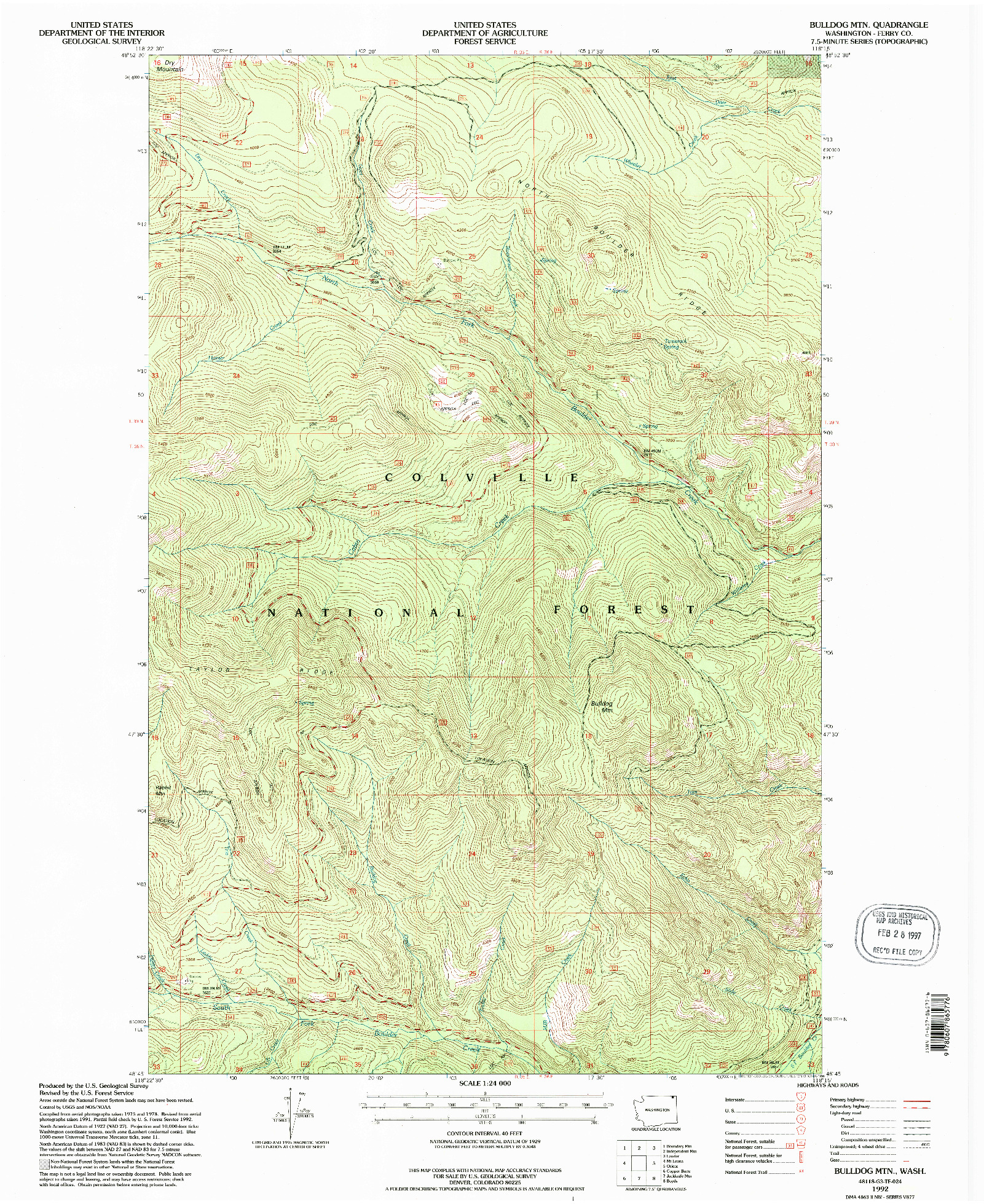 USGS 1:24000-SCALE QUADRANGLE FOR BULLDOG MTN, WA 1992