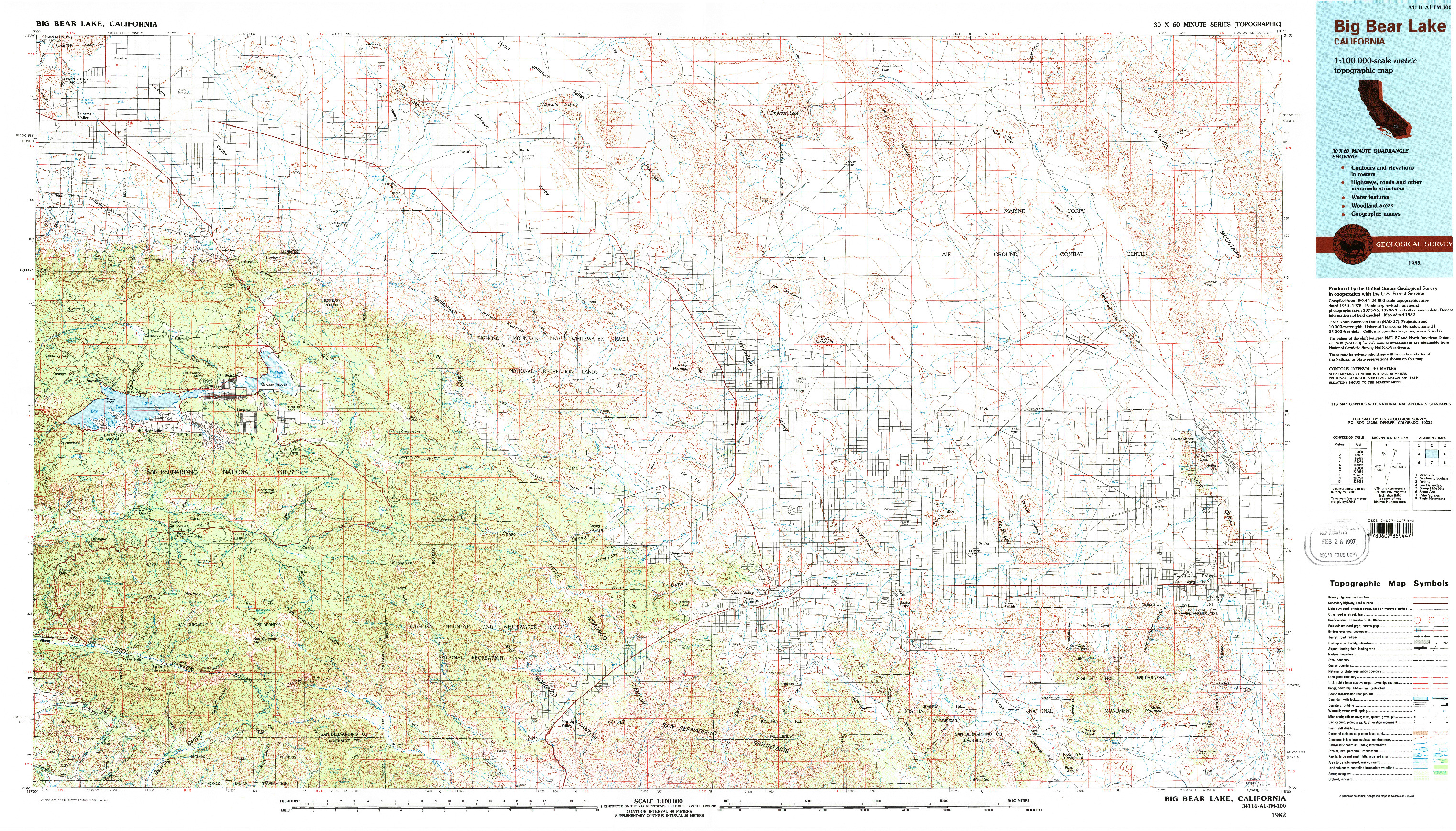 USGS 1:100000-SCALE QUADRANGLE FOR BIG BEAR LAKE, CA 1982