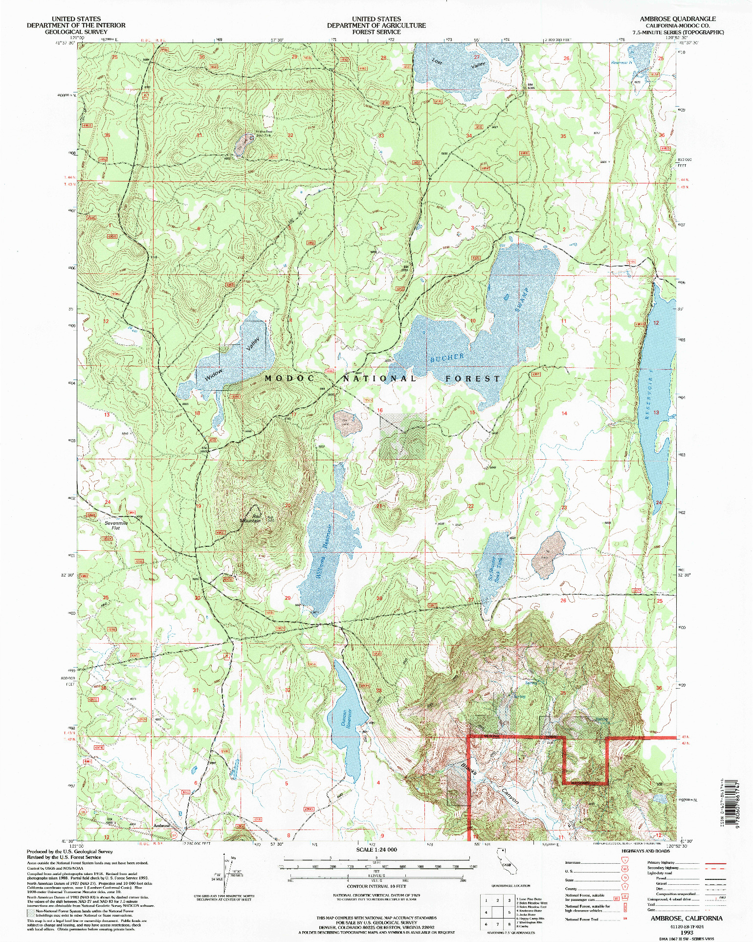 USGS 1:24000-SCALE QUADRANGLE FOR AMBROSE, CA 1993