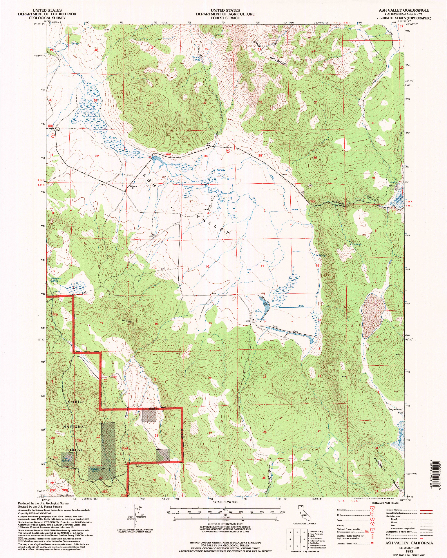 USGS 1:24000-SCALE QUADRANGLE FOR ASH VALLEY, CA 1993