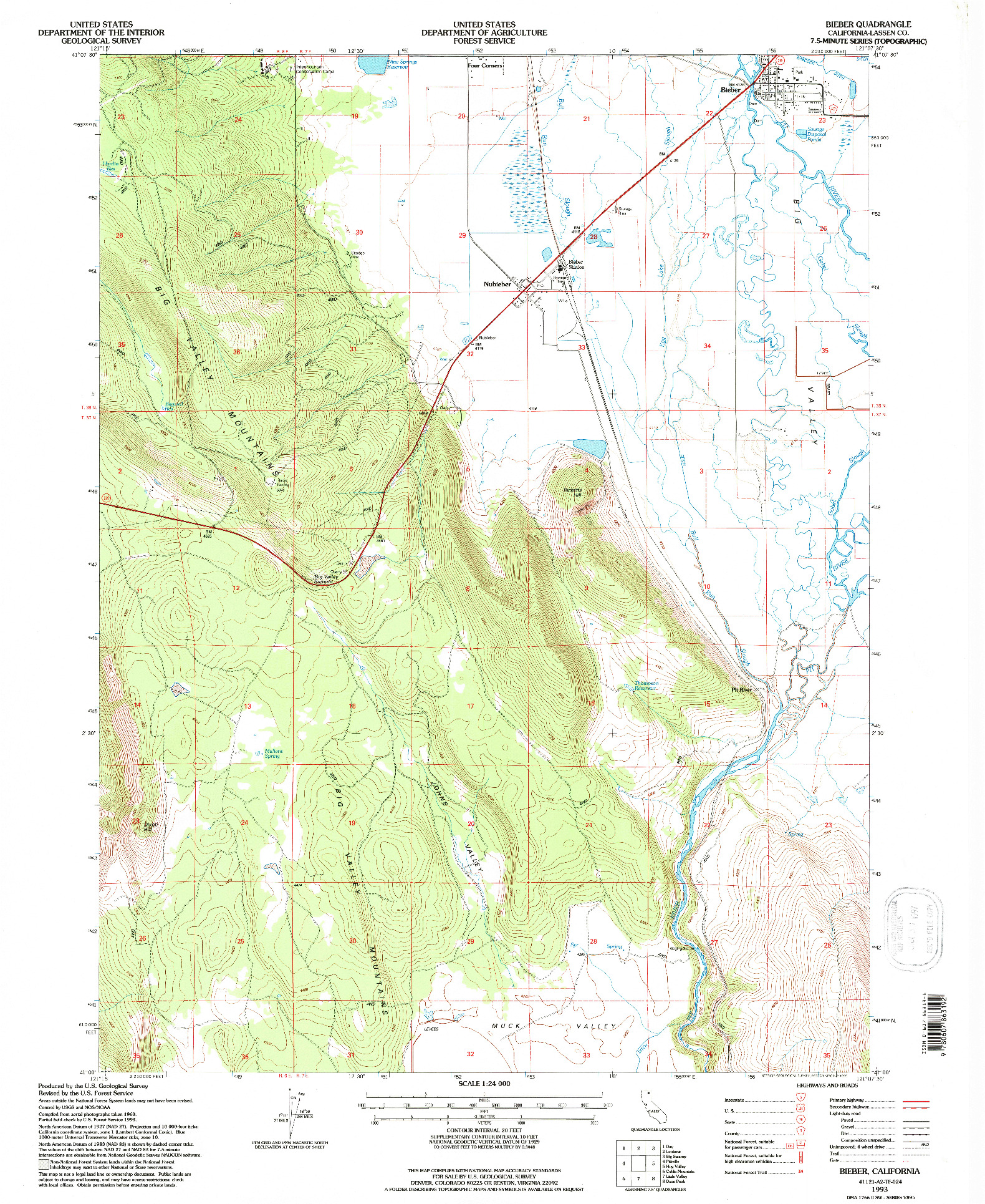 USGS 1:24000-SCALE QUADRANGLE FOR BIEBER, CA 1993