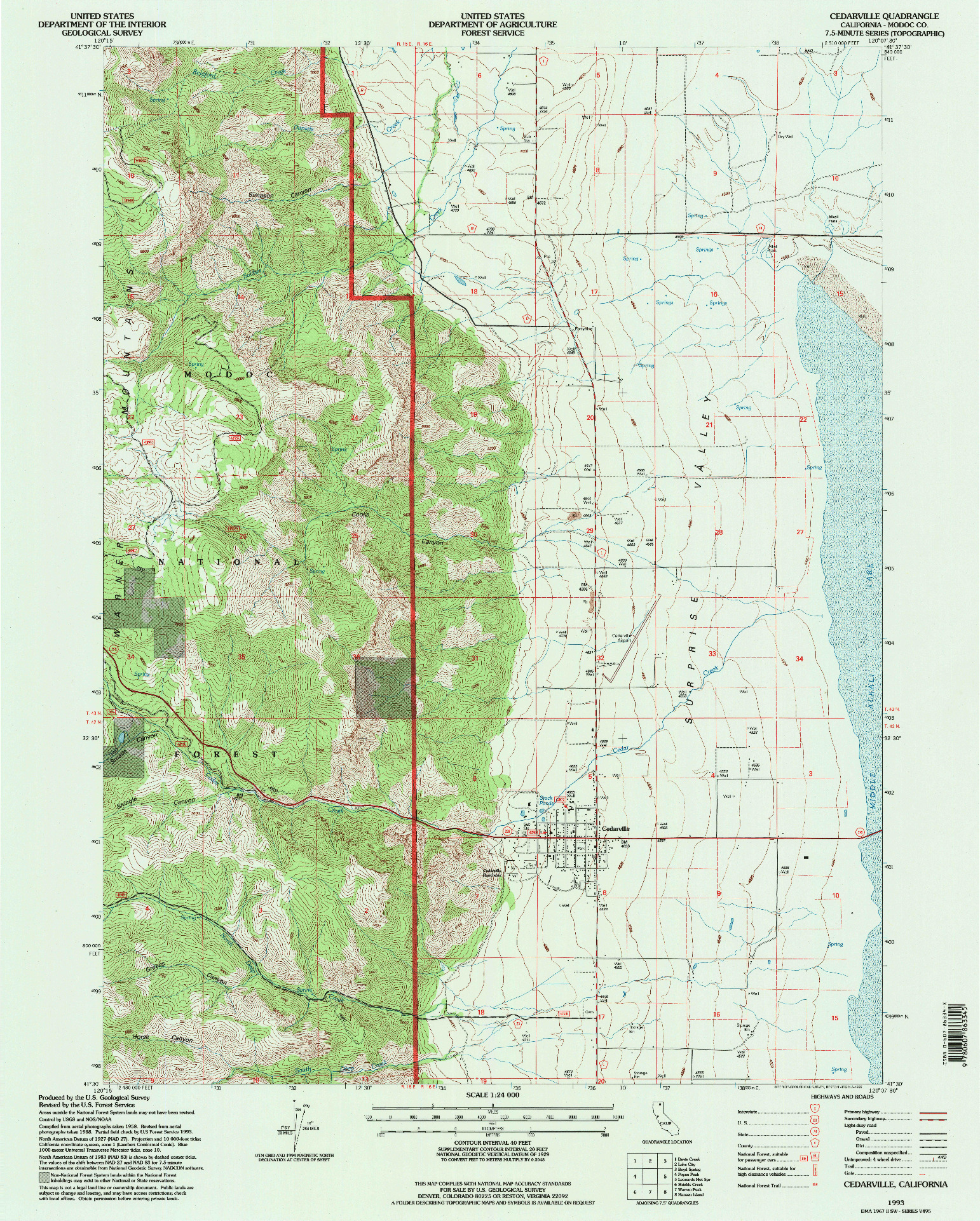 USGS 1:24000-SCALE QUADRANGLE FOR CEDARVILLE, CA 1993