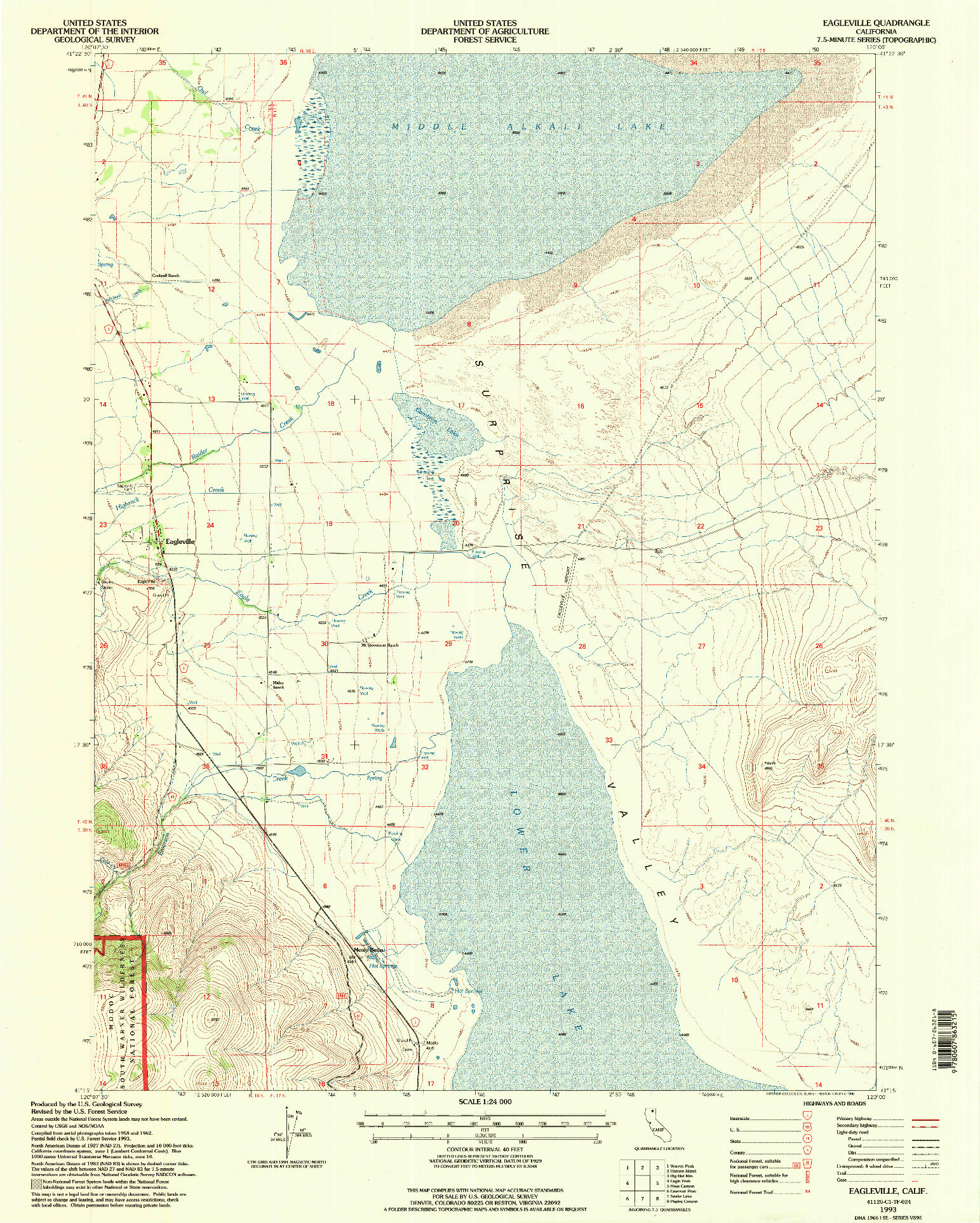USGS 1:24000-SCALE QUADRANGLE FOR EAGLEVILLE, CA 1993