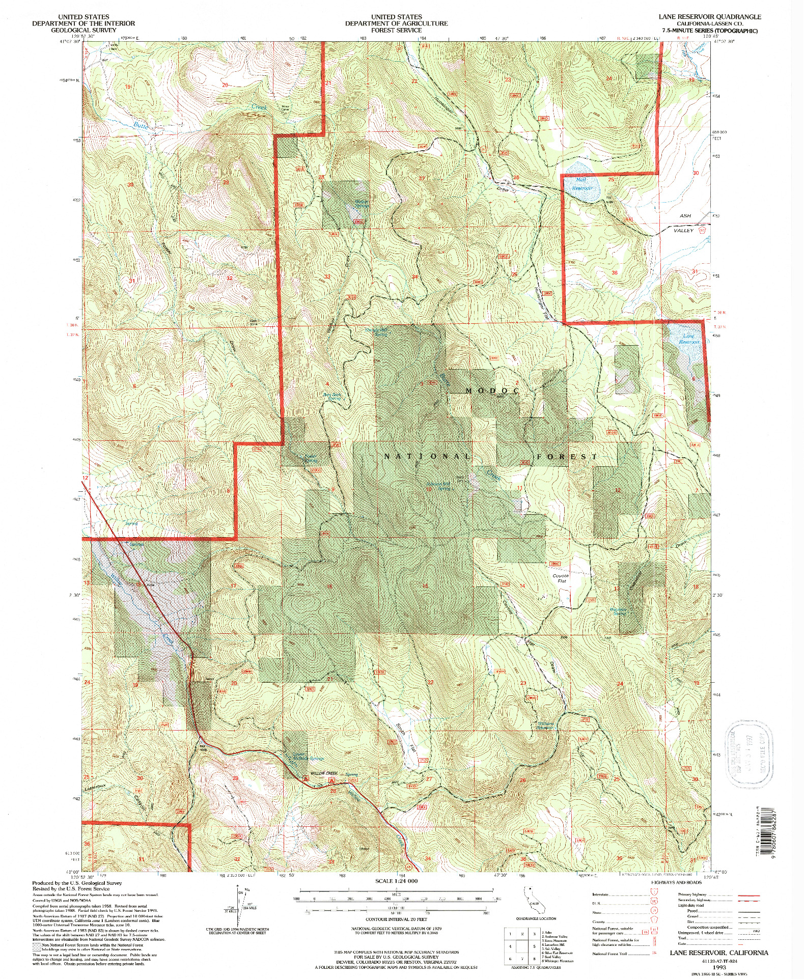 USGS 1:24000-SCALE QUADRANGLE FOR LANE RESERVOIR, CA 1993