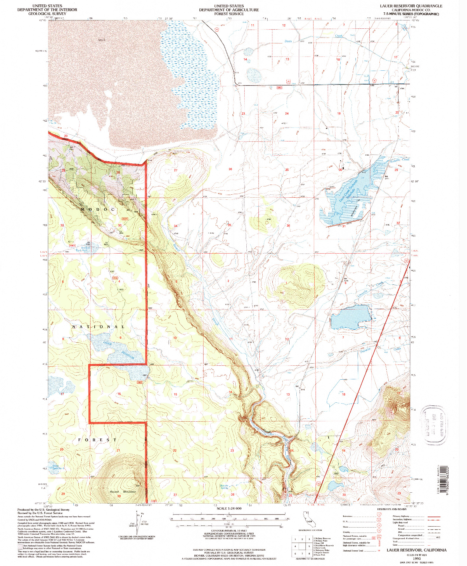 USGS 1:24000-SCALE QUADRANGLE FOR LAUER RESERVOIR, CA 1993