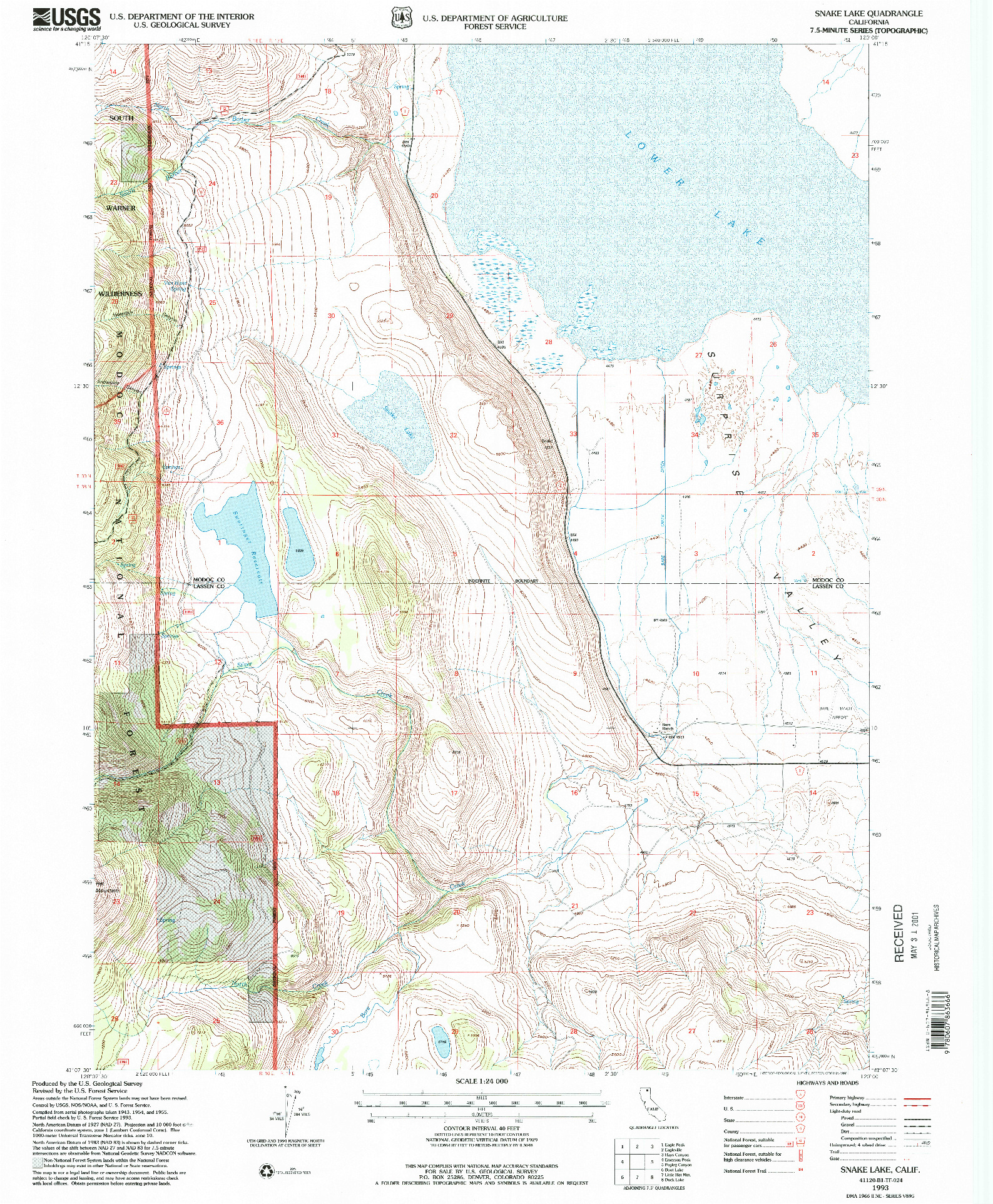 USGS 1:24000-SCALE QUADRANGLE FOR SNAKE LAKE, CA 1993