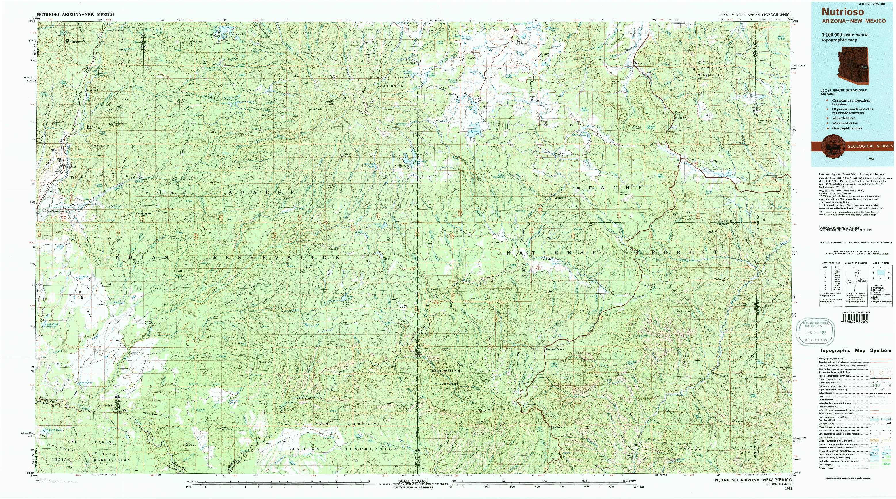 USGS 1:100000-SCALE QUADRANGLE FOR NUTRIOSO, AZ 1981