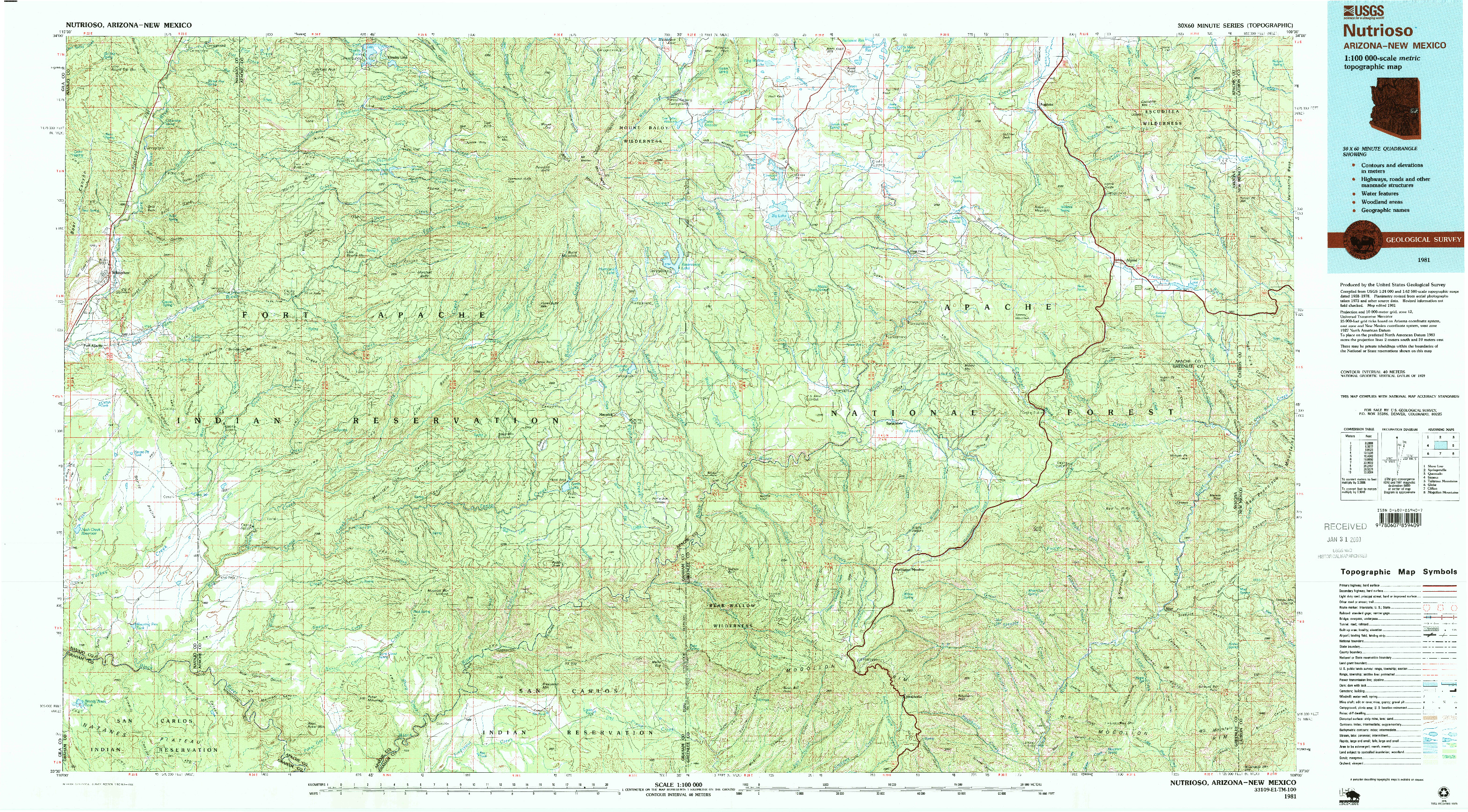 USGS 1:100000-SCALE QUADRANGLE FOR NUTRIOSO, AZ 1981