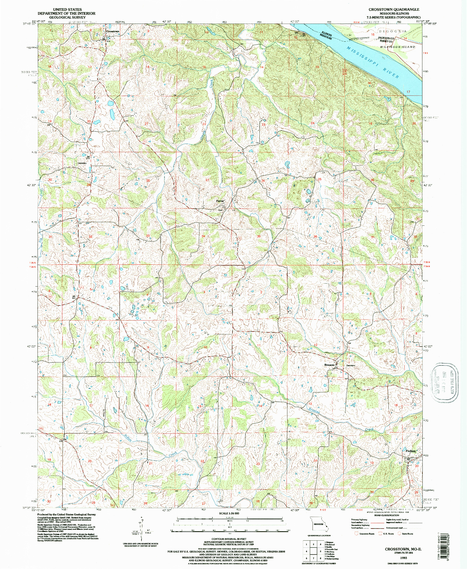 USGS 1:24000-SCALE QUADRANGLE FOR CROSSTOWN, MO 1993