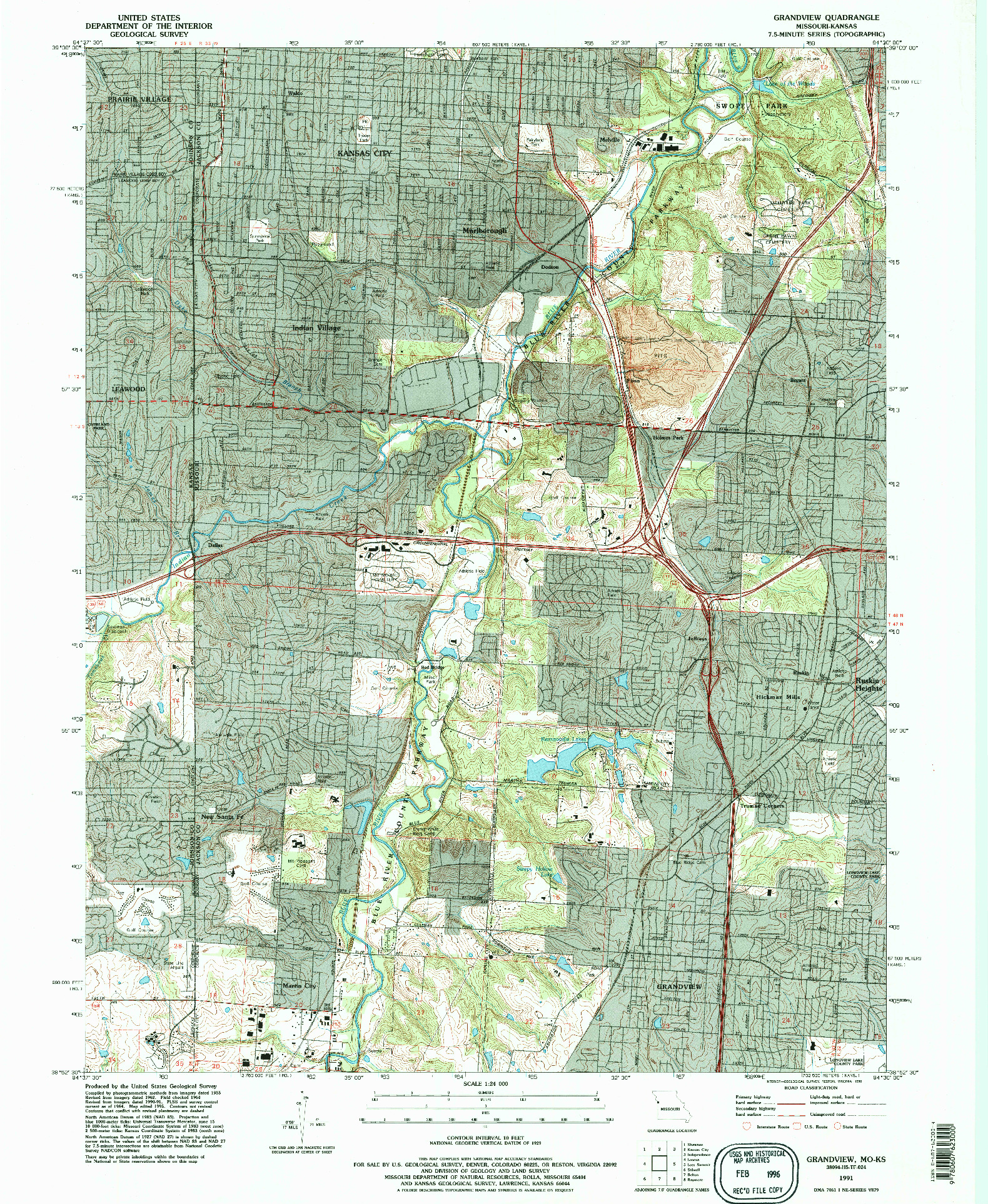 USGS 1:24000-SCALE QUADRANGLE FOR GRANDVIEW, MO 1991
