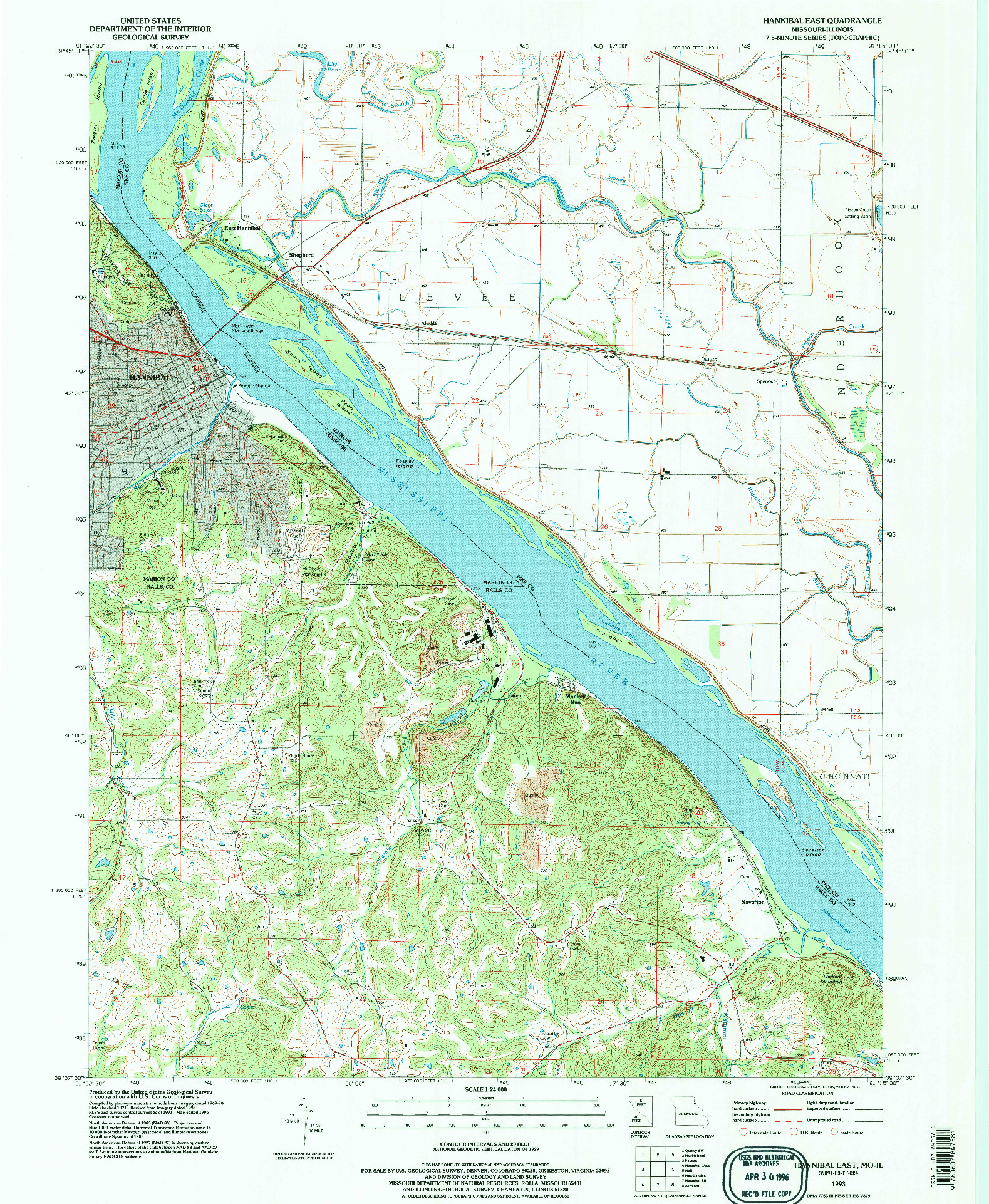 USGS 1:24000-SCALE QUADRANGLE FOR HANNIBAL EAST, MO 1993