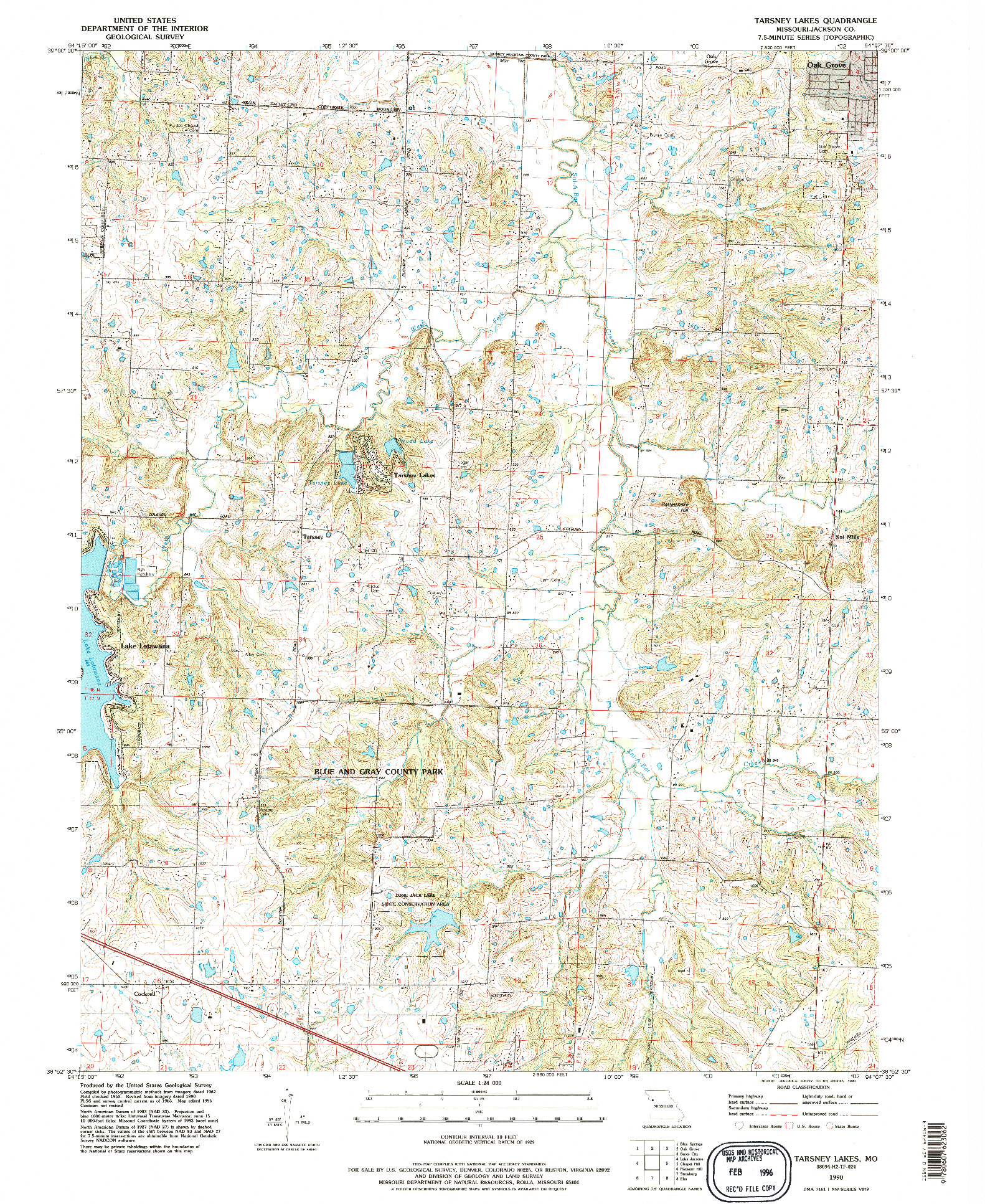 USGS 1:24000-SCALE QUADRANGLE FOR TARSNEY LAKES, MO 1990