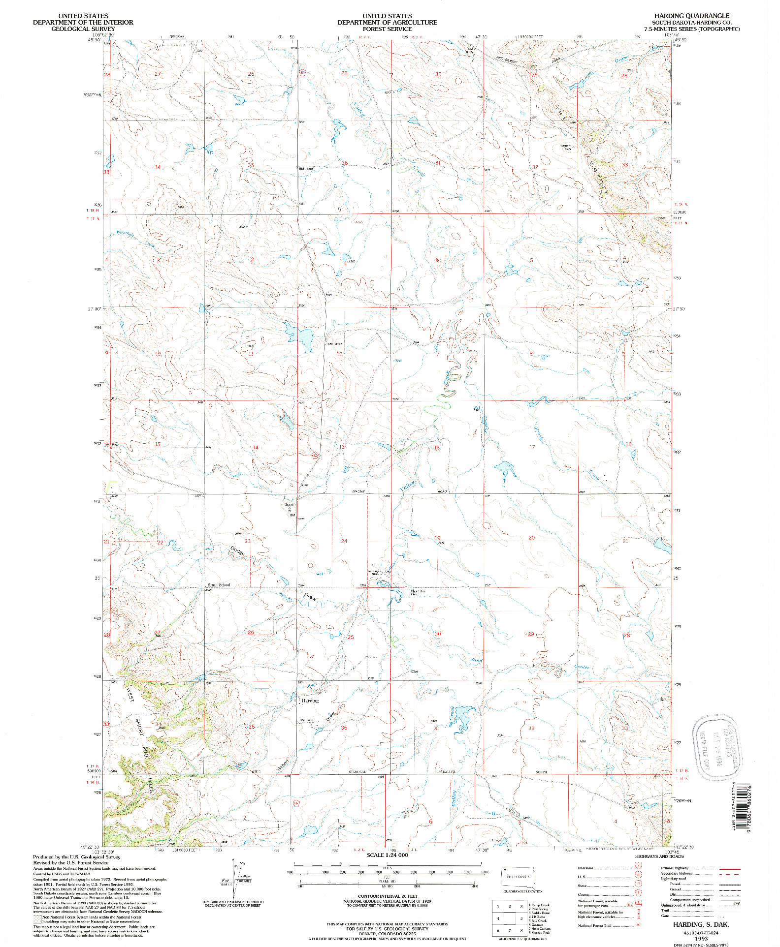 USGS 1:24000-SCALE QUADRANGLE FOR HARDING, SD 1993