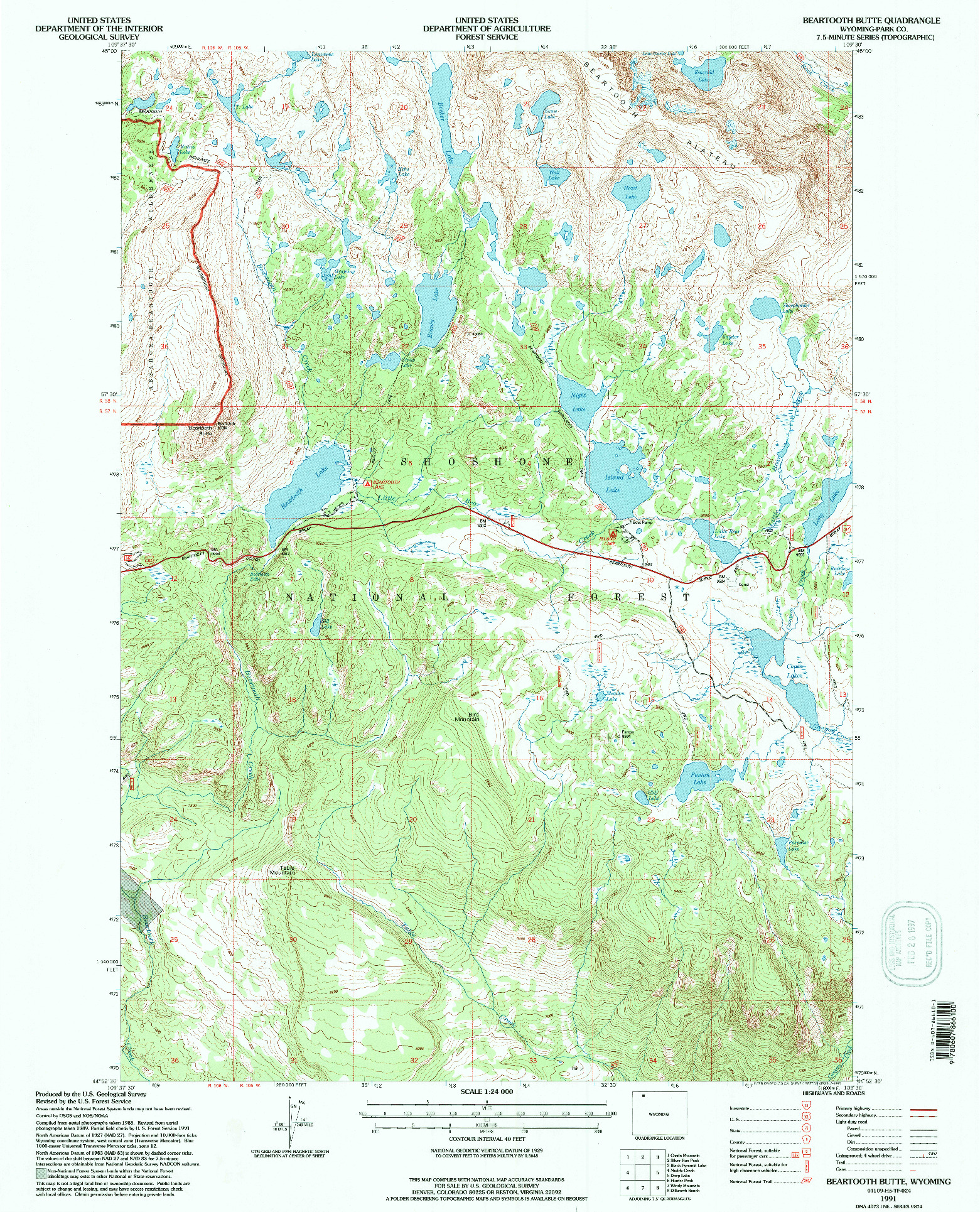USGS 1:24000-SCALE QUADRANGLE FOR BEARTOOTH BUTTE, WY 1991