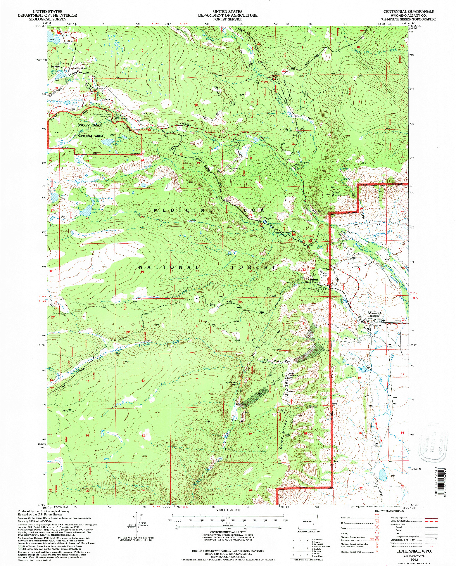 USGS 1:24000-SCALE QUADRANGLE FOR CENTENNIAL, WY 1992