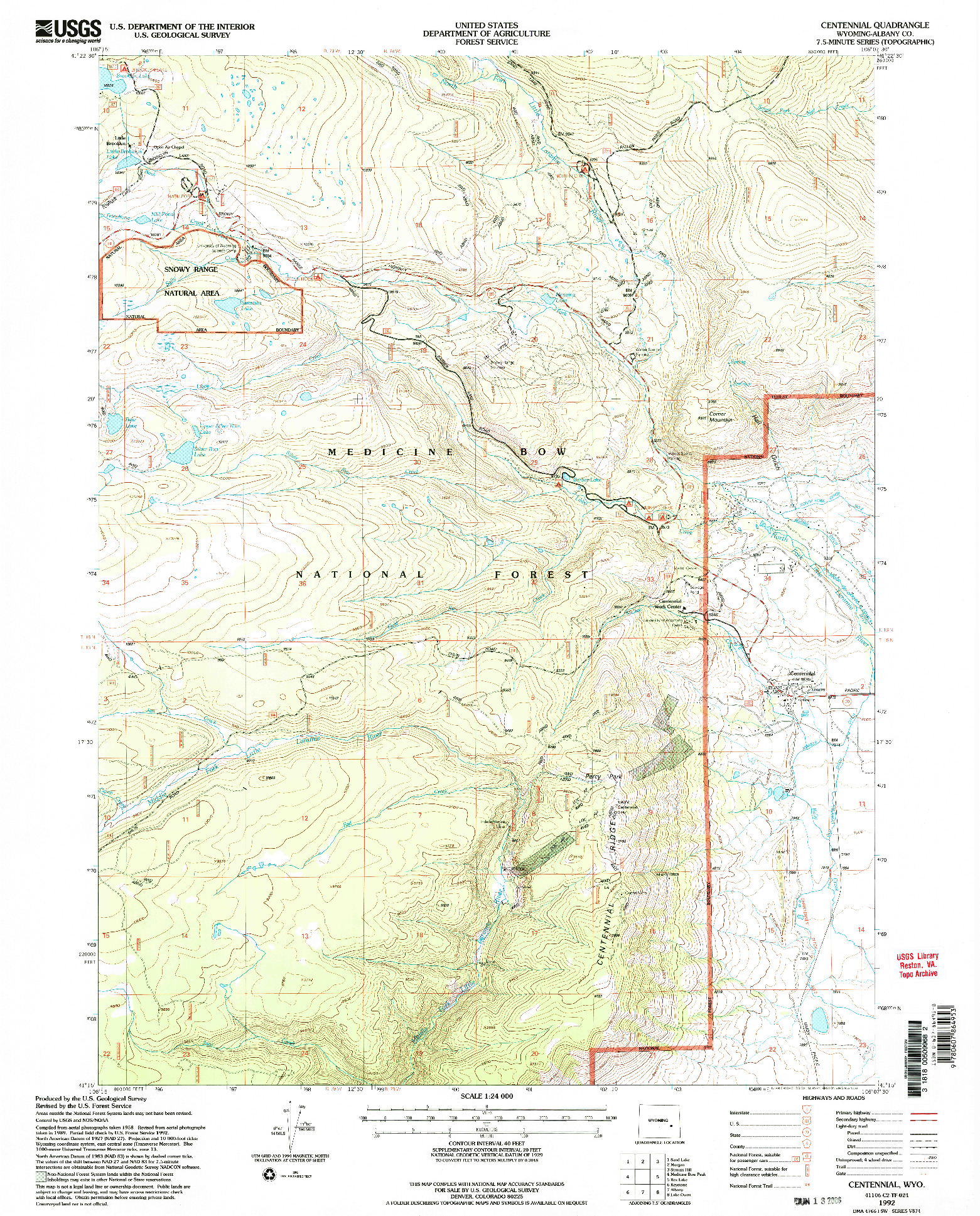 USGS 1:24000-SCALE QUADRANGLE FOR CENTENNIAL, WY 1992