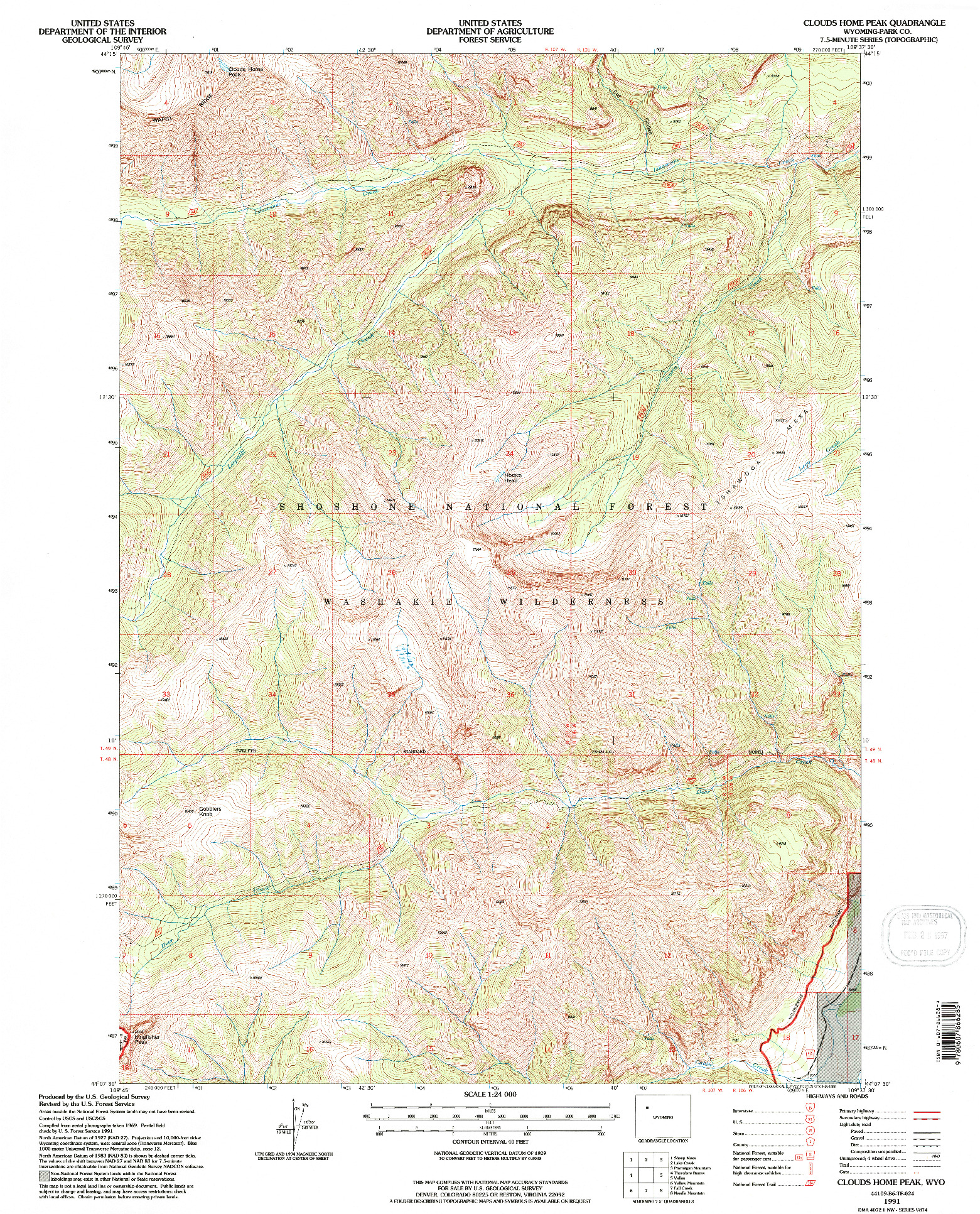 USGS 1:24000-SCALE QUADRANGLE FOR CLOUDS HOME PEAK, WY 1991