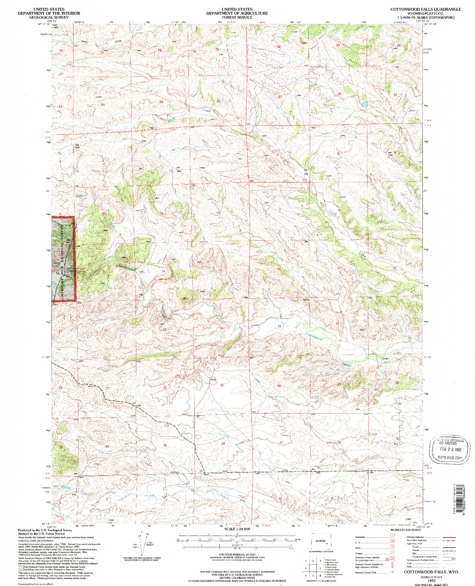 USGS 1:24000-SCALE QUADRANGLE FOR COTTONWOOD FALLS, WY 1992