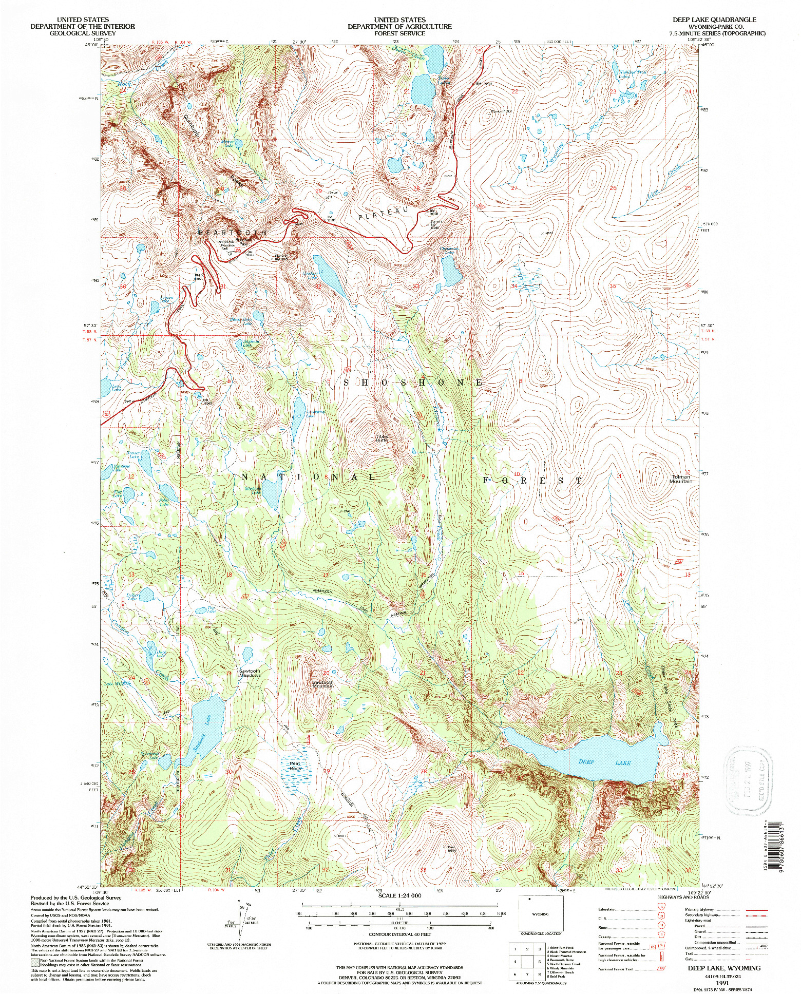 USGS 1:24000-SCALE QUADRANGLE FOR DEEP LAKE, WY 1991