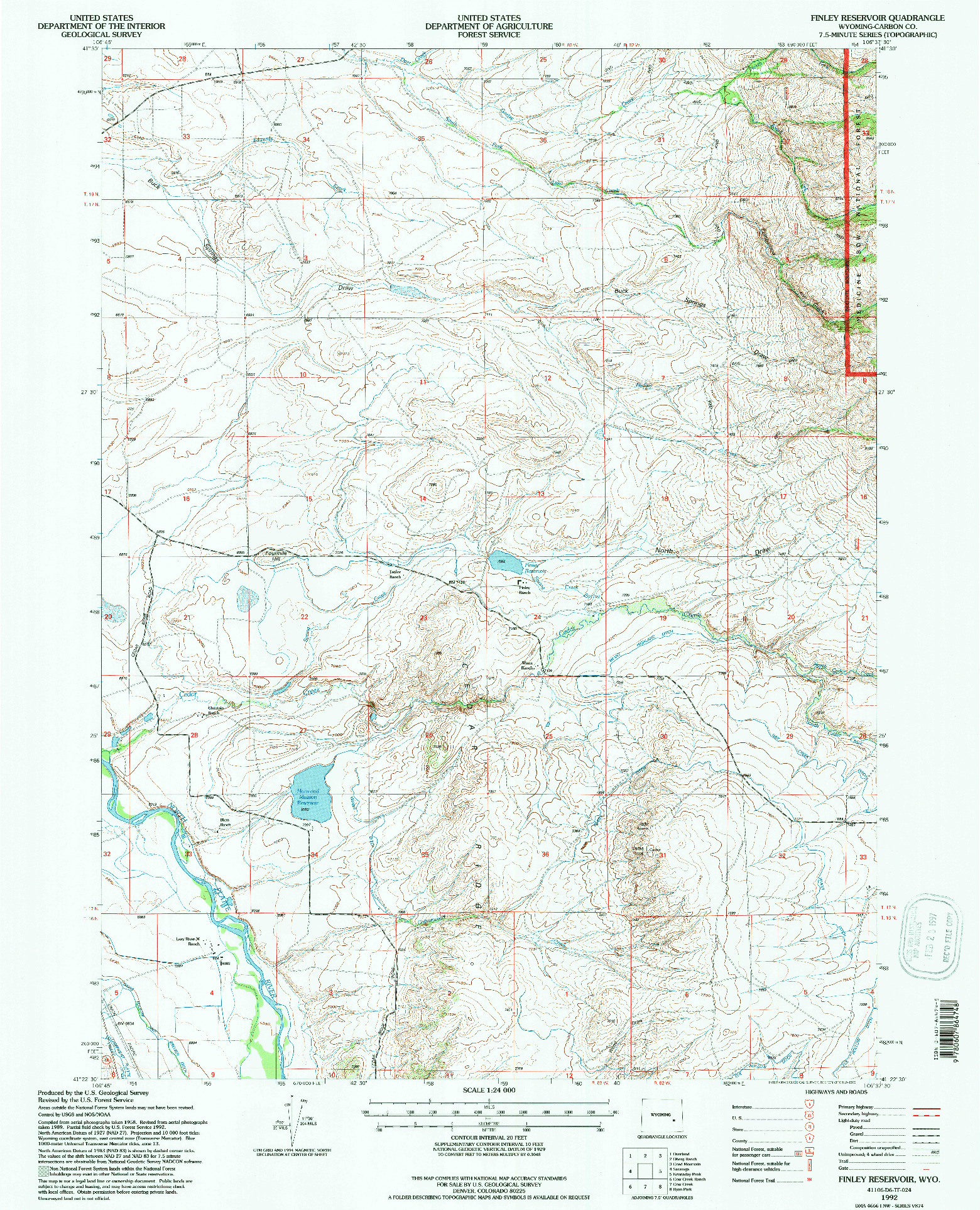 USGS 1:24000-SCALE QUADRANGLE FOR FINLEY RESERVOIR, WY 1992