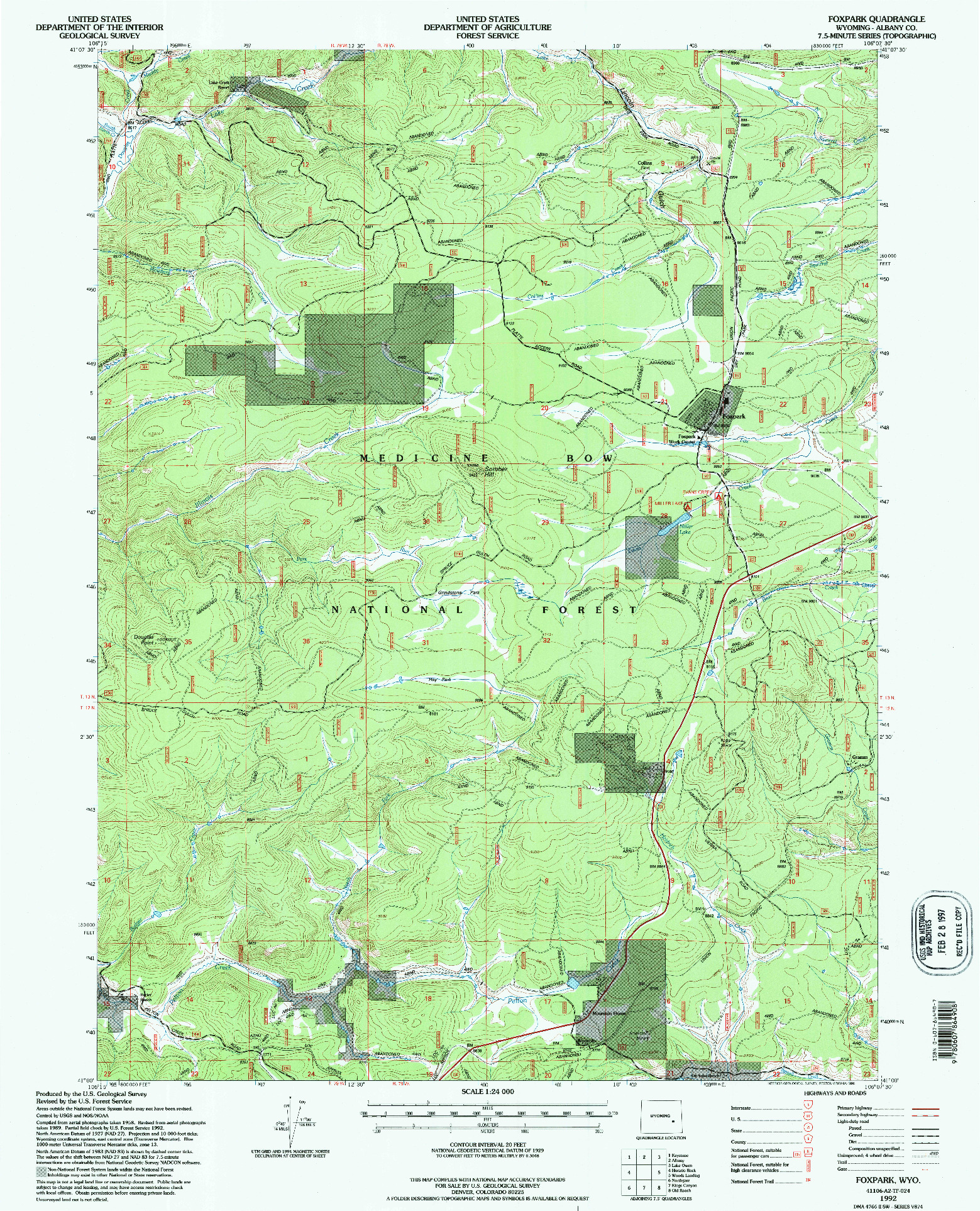USGS 1:24000-SCALE QUADRANGLE FOR FOXPARK, WY 1992