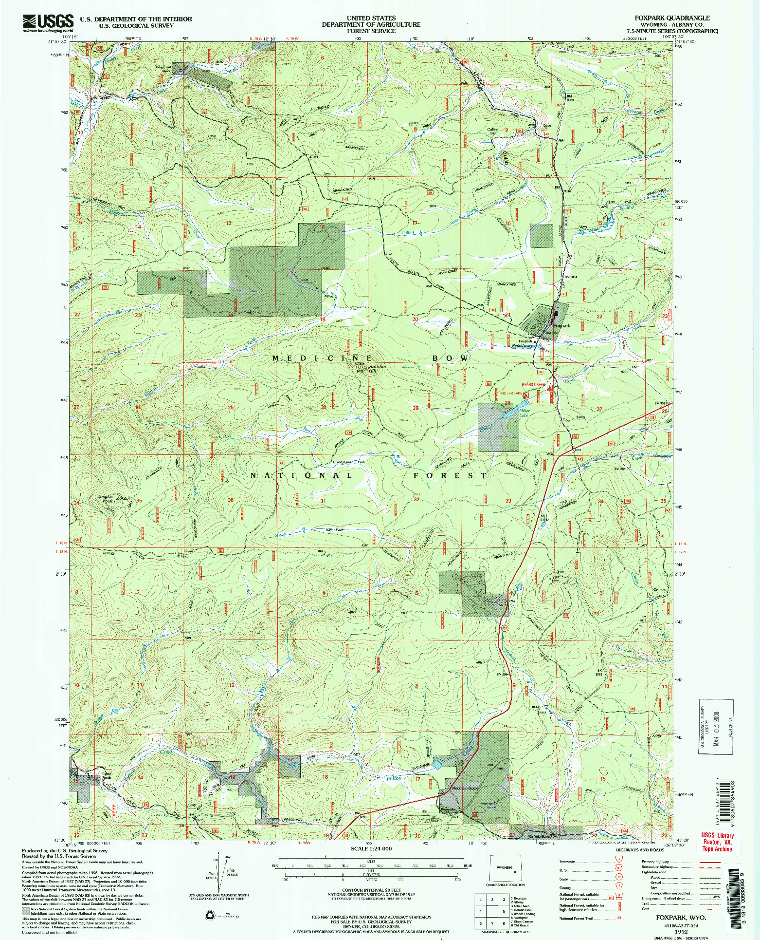 USGS 1:24000-SCALE QUADRANGLE FOR FOXPARK, WY 1992