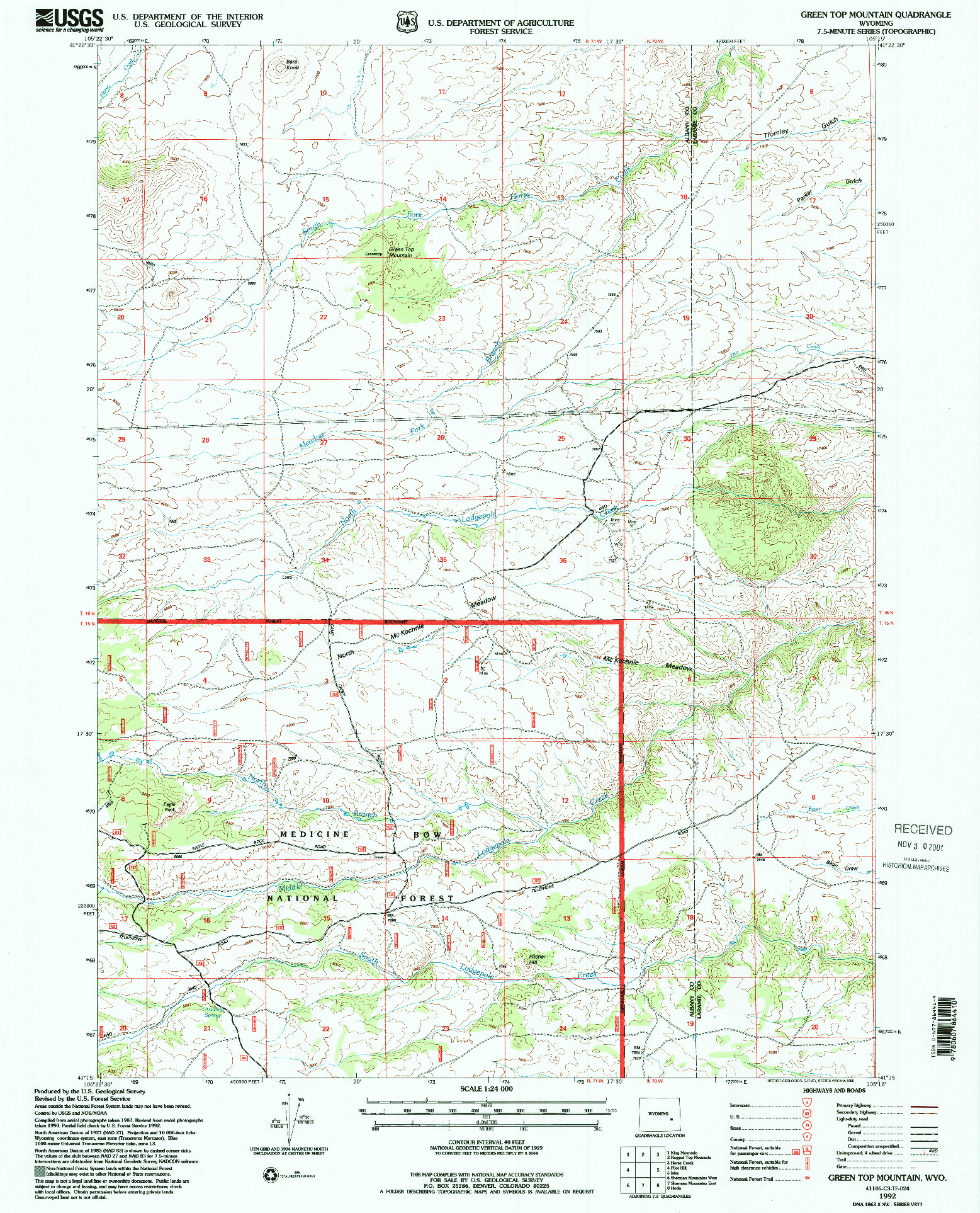 USGS 1:24000-SCALE QUADRANGLE FOR GREEN TOP MOUNTAIN, WY 1992