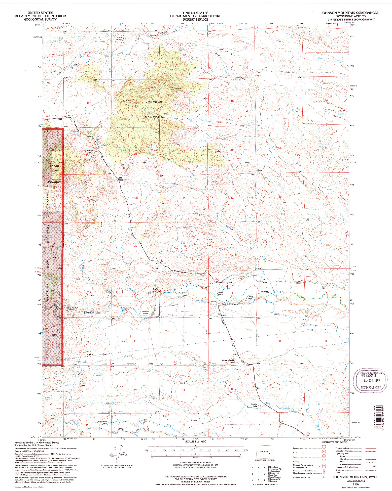 USGS 1:24000-SCALE QUADRANGLE FOR JOHNSON MOUNTAIN, WY 1992