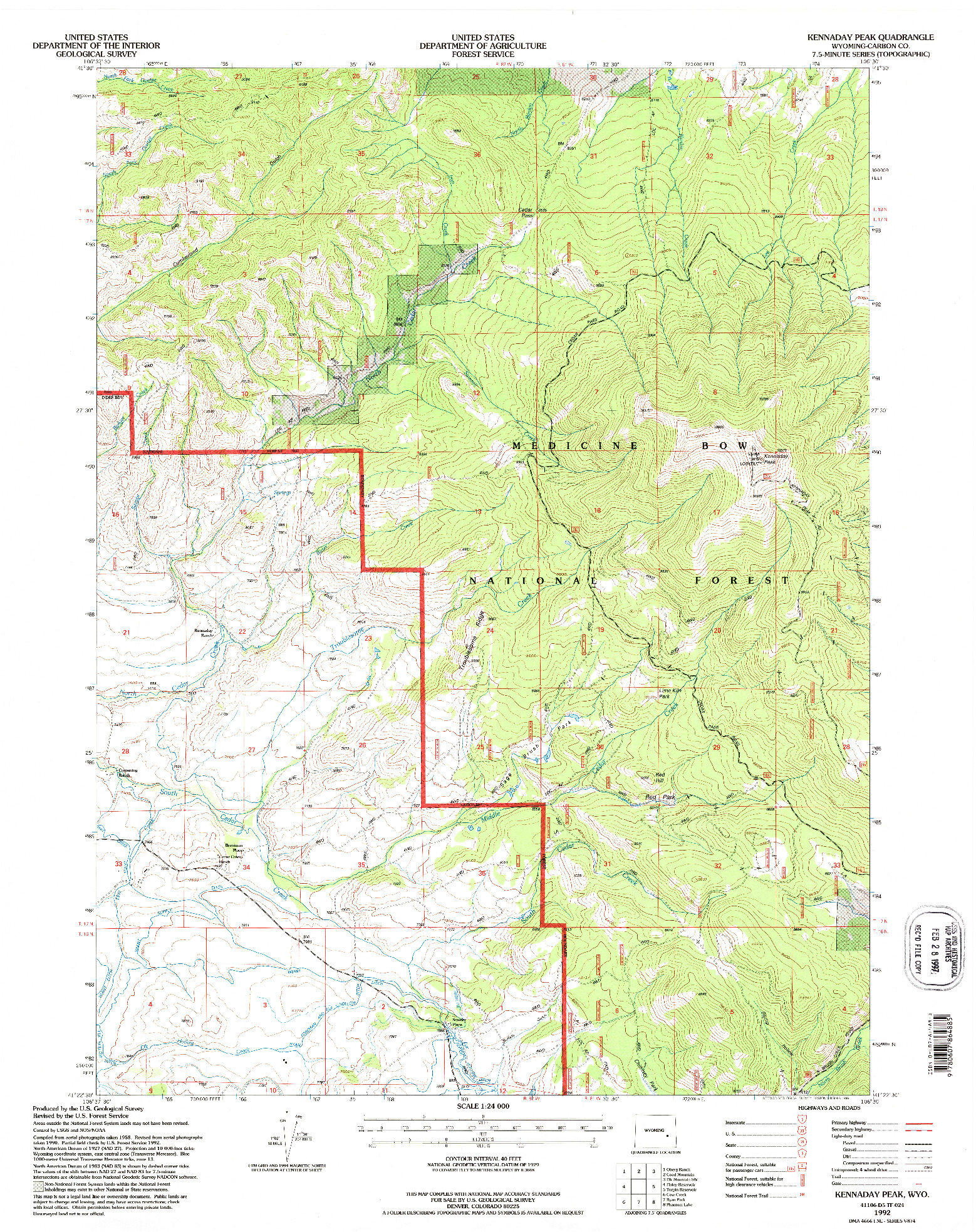 USGS 1:24000-SCALE QUADRANGLE FOR KENNADAY PEAK, WY 1992