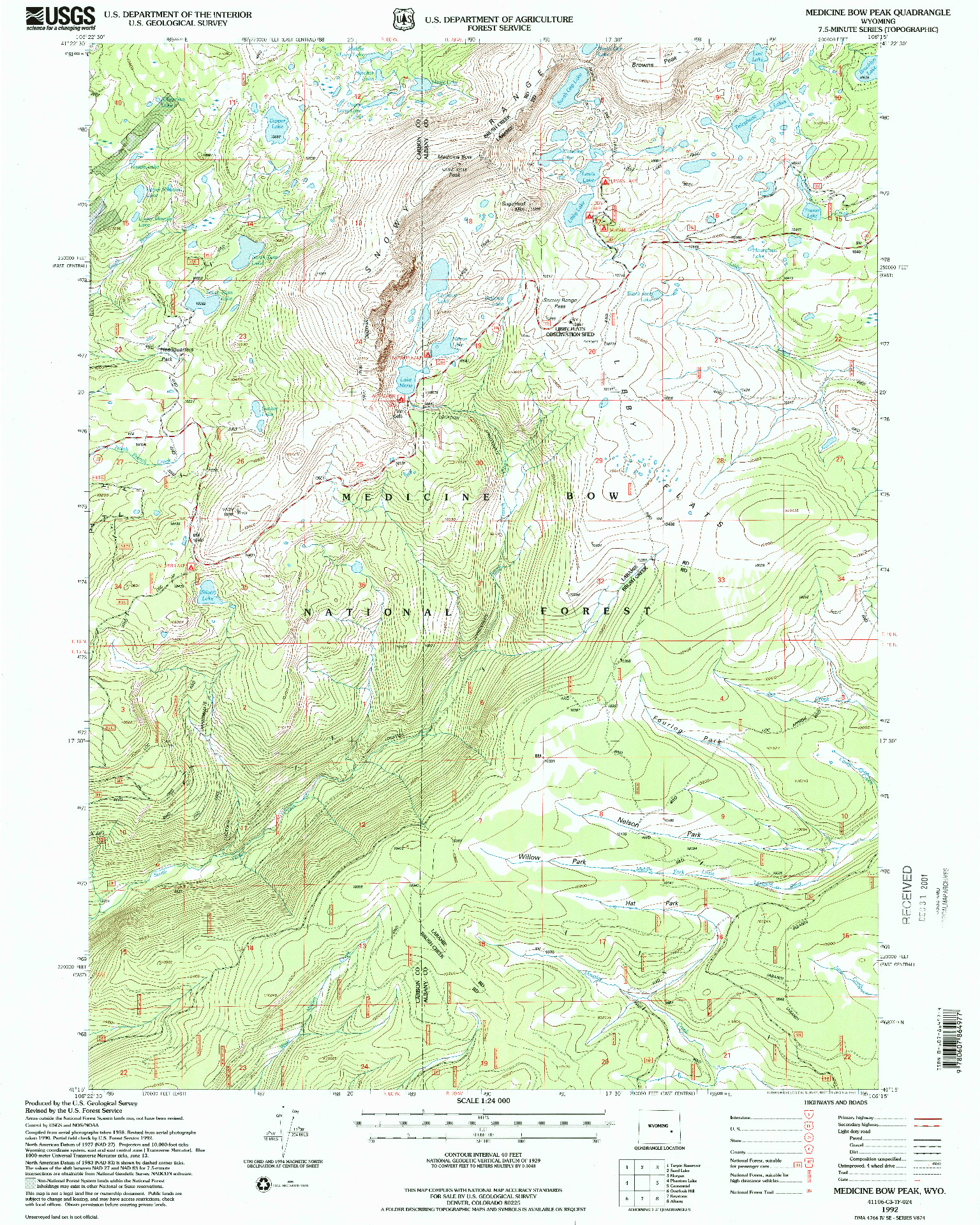 USGS 1:24000-SCALE QUADRANGLE FOR MEDICINE BOW PEAK, WY 1992