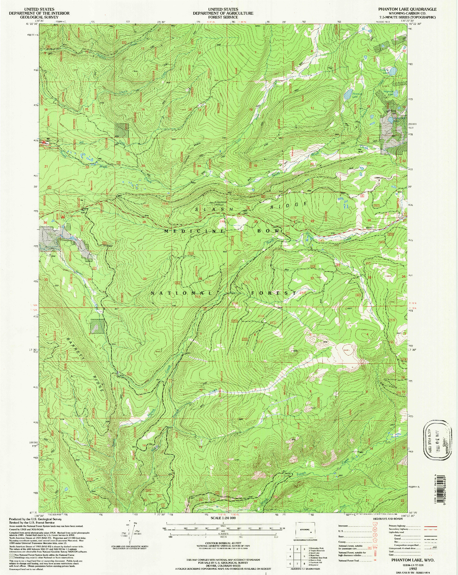USGS 1:24000-SCALE QUADRANGLE FOR PHANTOM LAKE, WY 1992