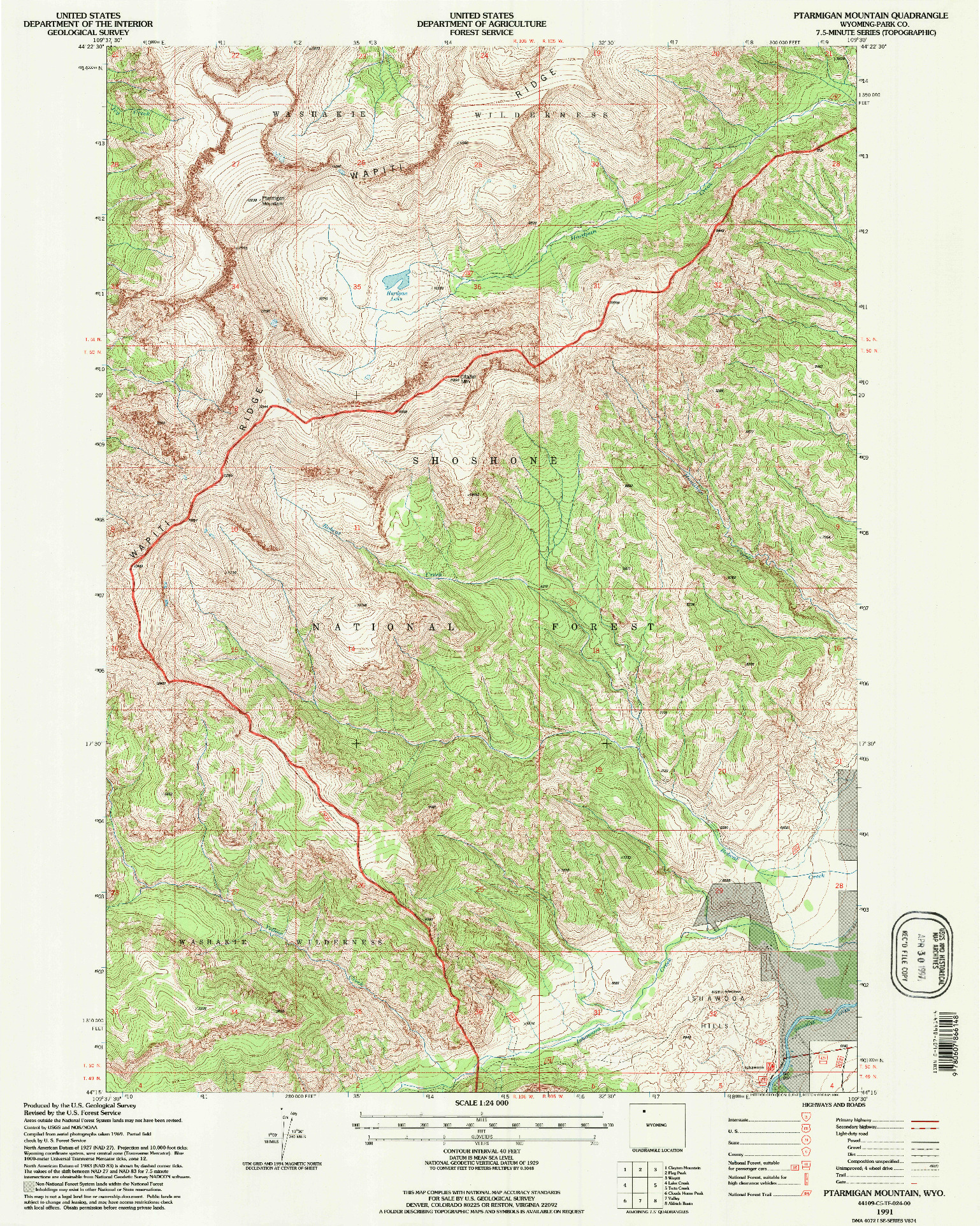 USGS 1:24000-SCALE QUADRANGLE FOR PTARMIGAN MOUNTAIN, WY 1991