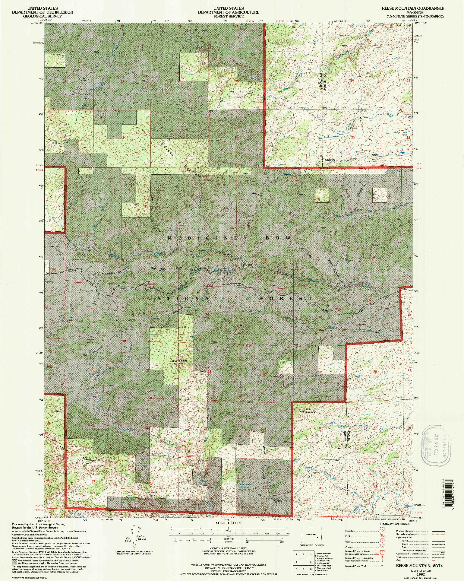 USGS 1:24000-SCALE QUADRANGLE FOR REESE MOUNTAIN, WY 1992
