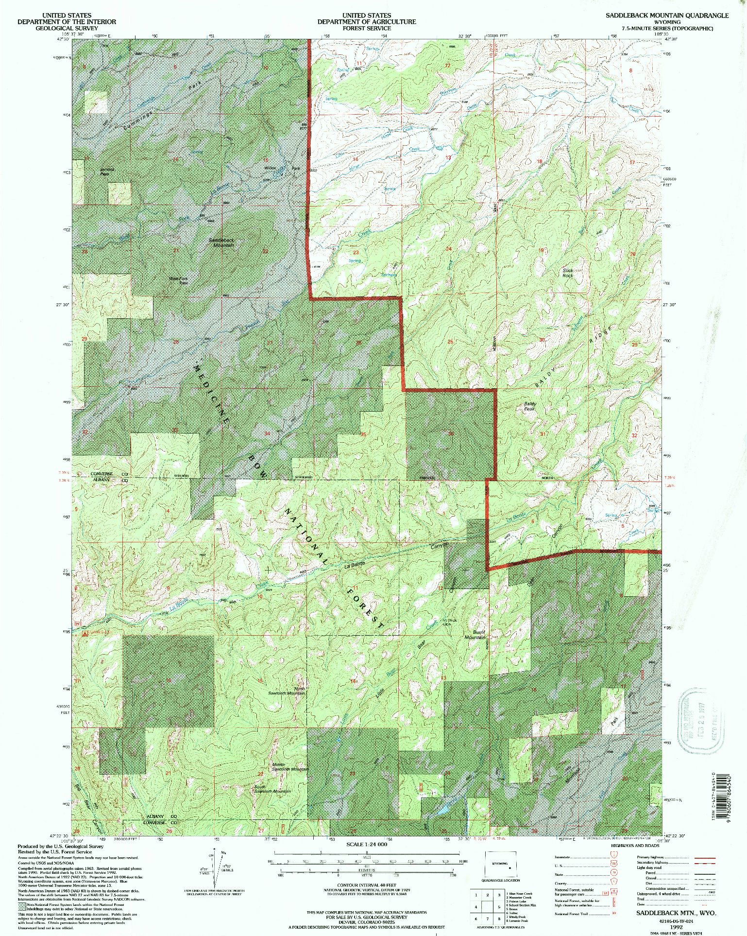 USGS 1:24000-SCALE QUADRANGLE FOR SADDLEBACK MTN, WY 1992