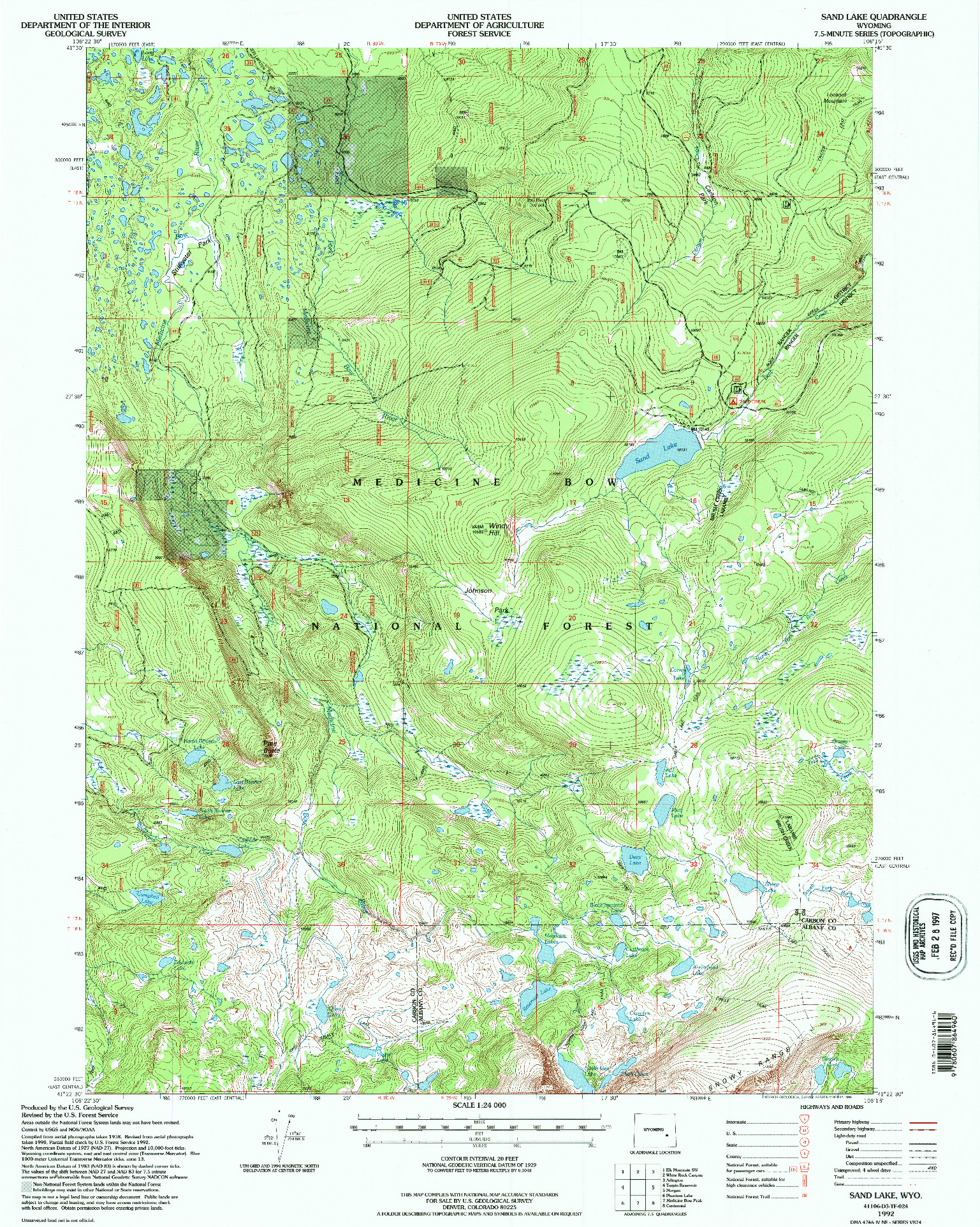 USGS 1:24000-SCALE QUADRANGLE FOR SAND LAKE, WY 1992