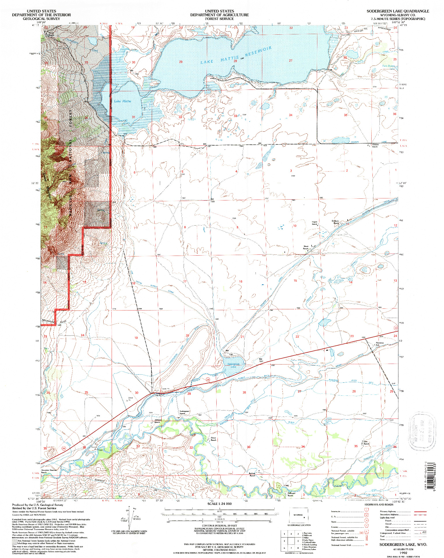 USGS 1:24000-SCALE QUADRANGLE FOR SODERGREEN LAKE, WY 1992