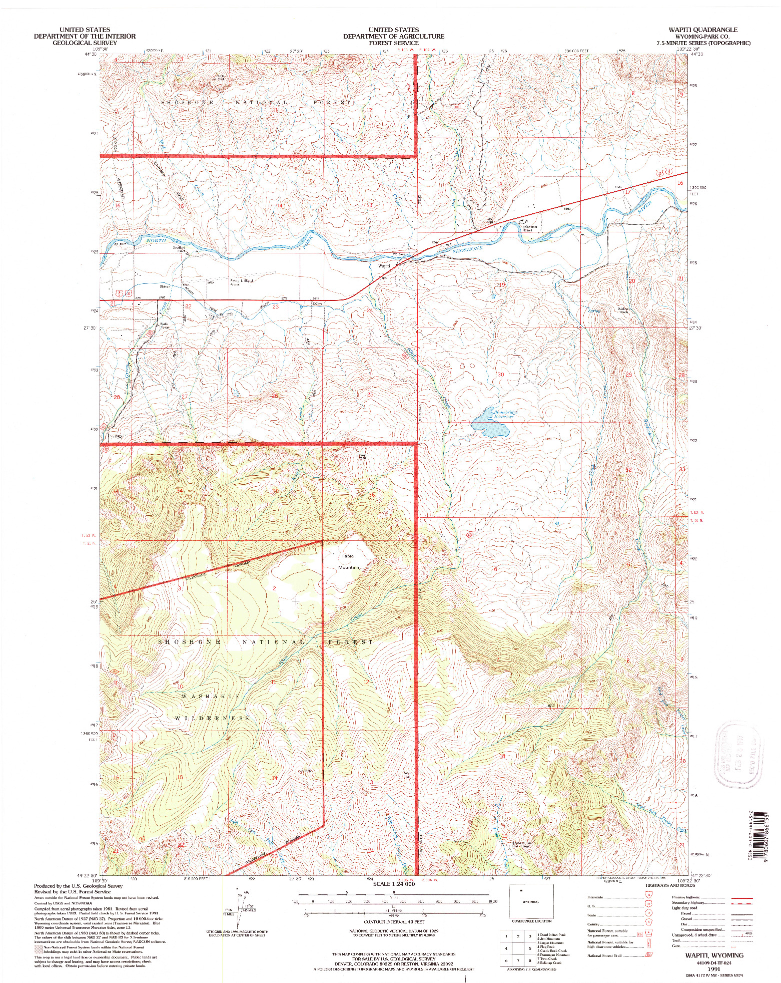 USGS 1:24000-SCALE QUADRANGLE FOR WAPITI, WY 1991