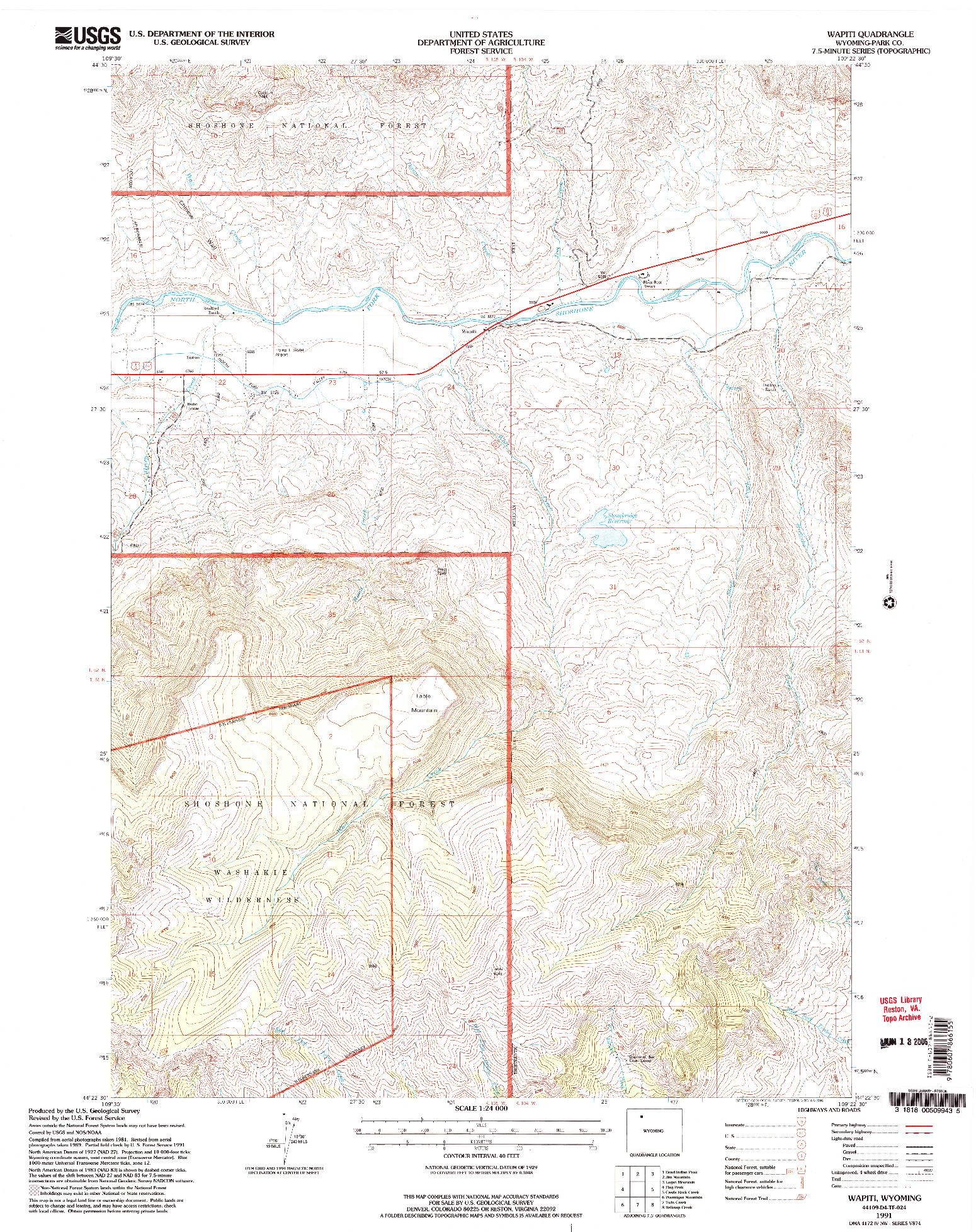 USGS 1:24000-SCALE QUADRANGLE FOR WAPITI, WY 1991