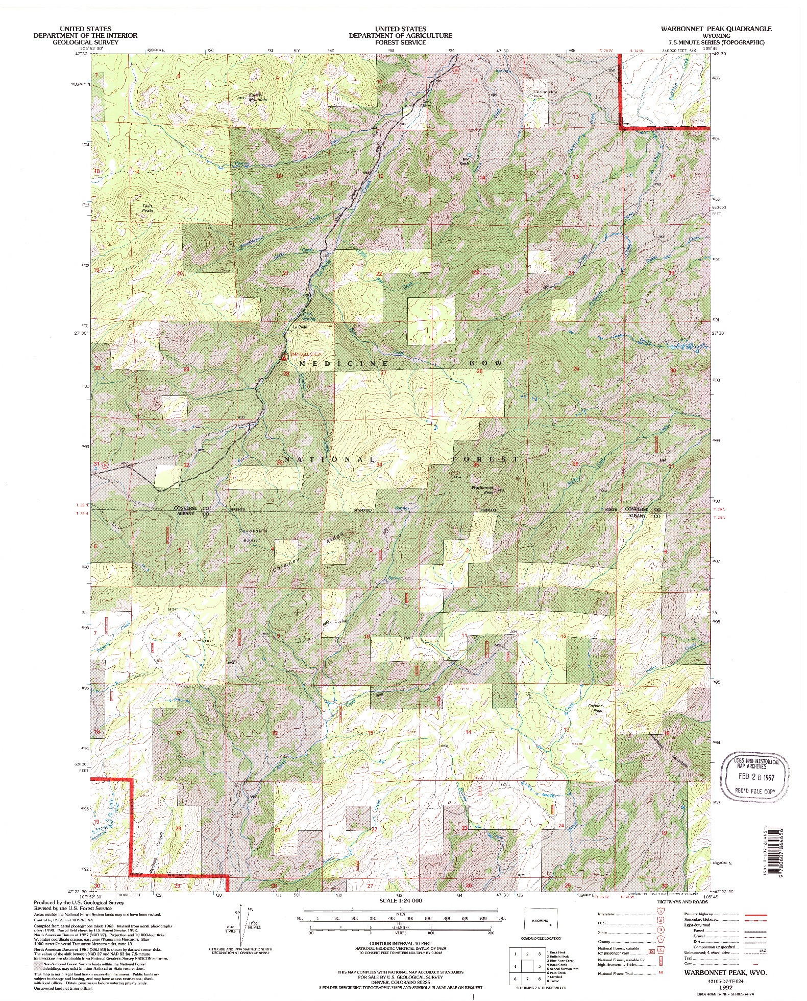 USGS 1:24000-SCALE QUADRANGLE FOR WARBONNET PEAK, WY 1992