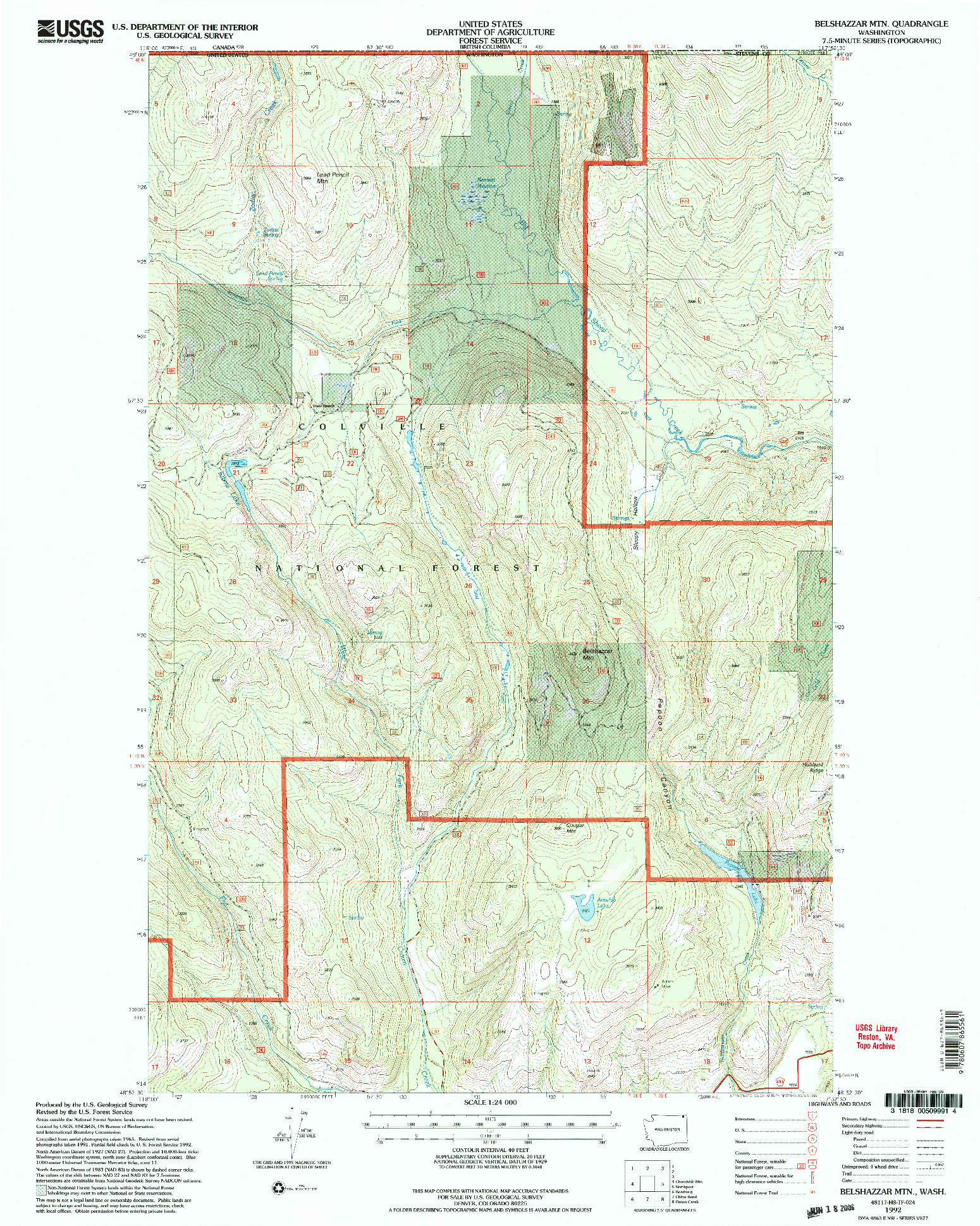 USGS 1:24000-SCALE QUADRANGLE FOR BELSHAZZAR MTN, WA 1992