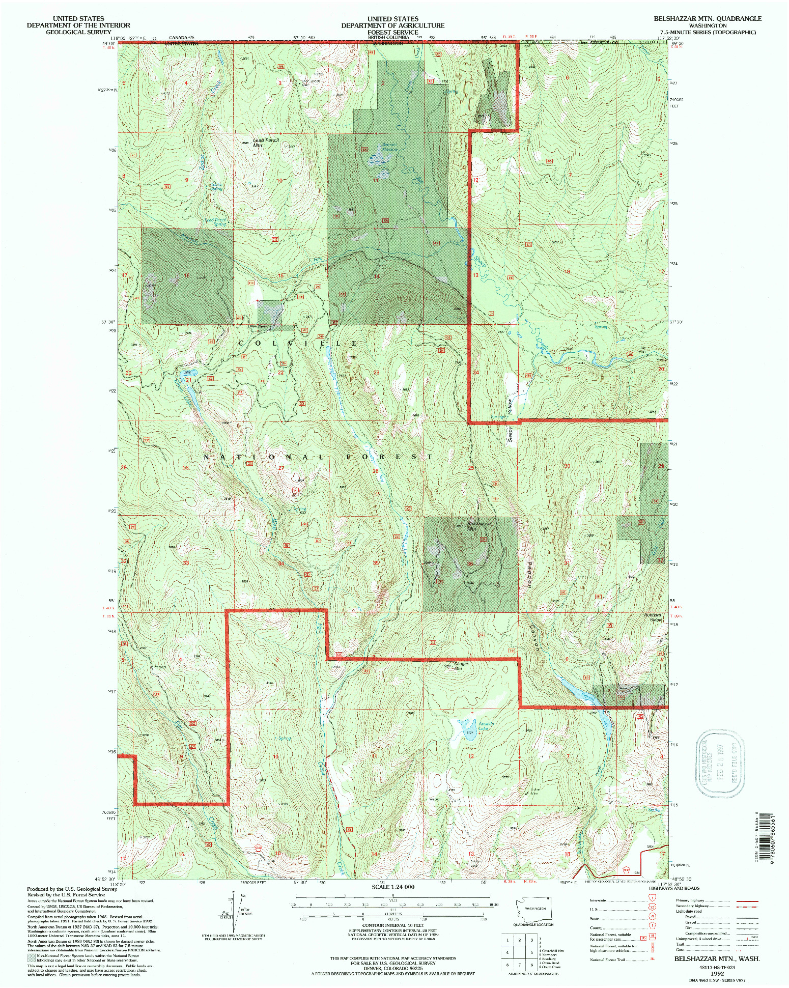 USGS 1:24000-SCALE QUADRANGLE FOR BELSHAZZAR MTN, WA 1992