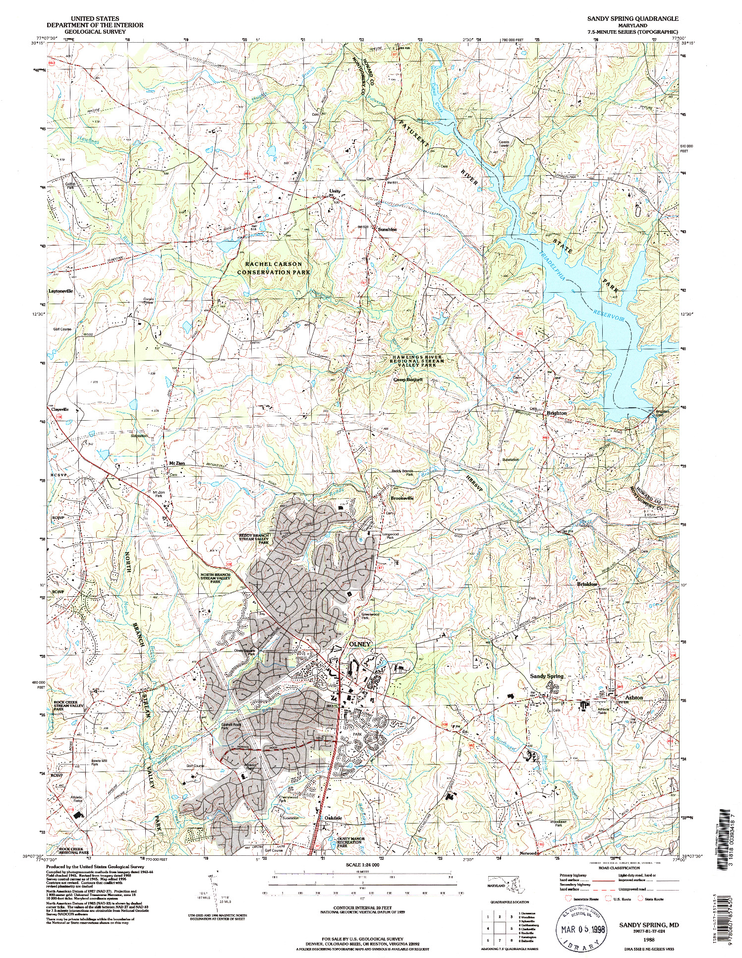 USGS 1:24000-SCALE QUADRANGLE FOR SANDY SPRING, MD 1988