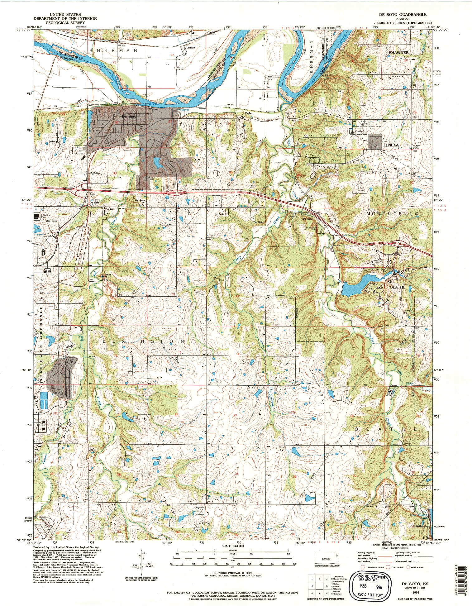 USGS 1:24000-SCALE QUADRANGLE FOR DE SOTO, KS 1991
