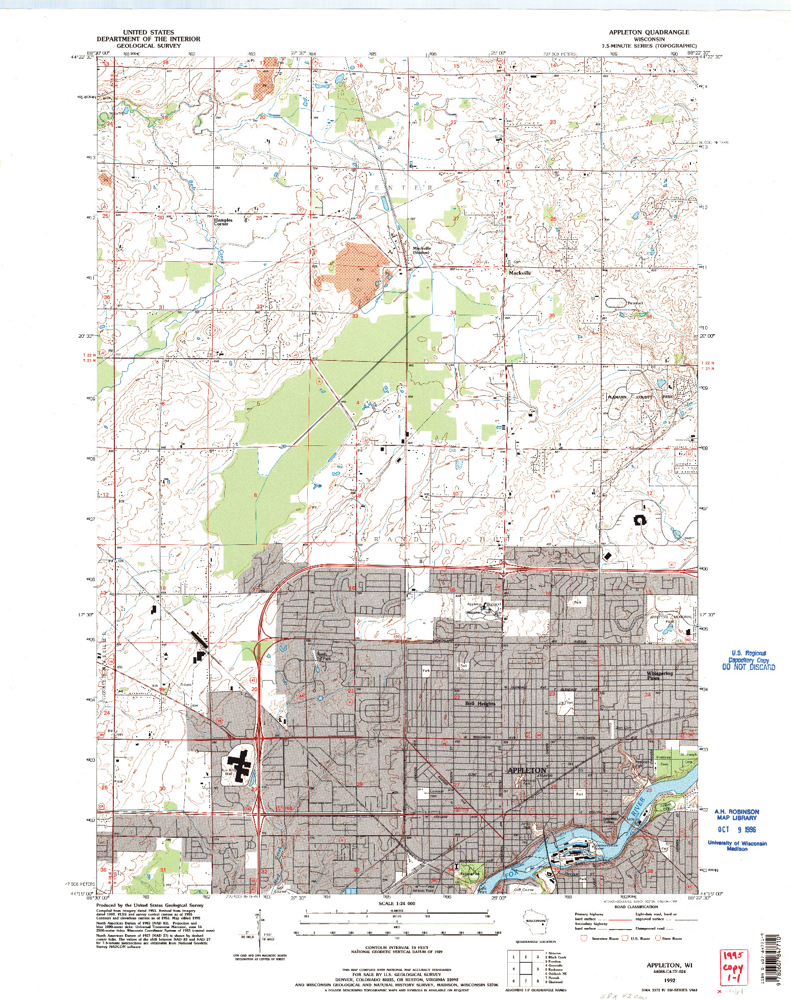 USGS 1:24000-SCALE QUADRANGLE FOR APPLETON, WI 1992