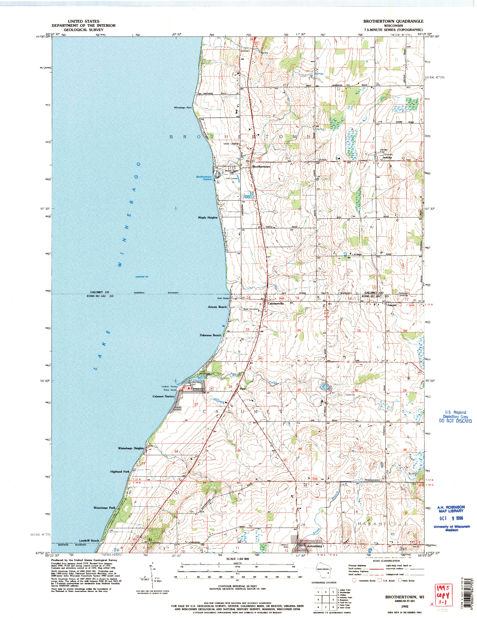 USGS 1:24000-SCALE QUADRANGLE FOR BROTHERTOWN, WI 1992